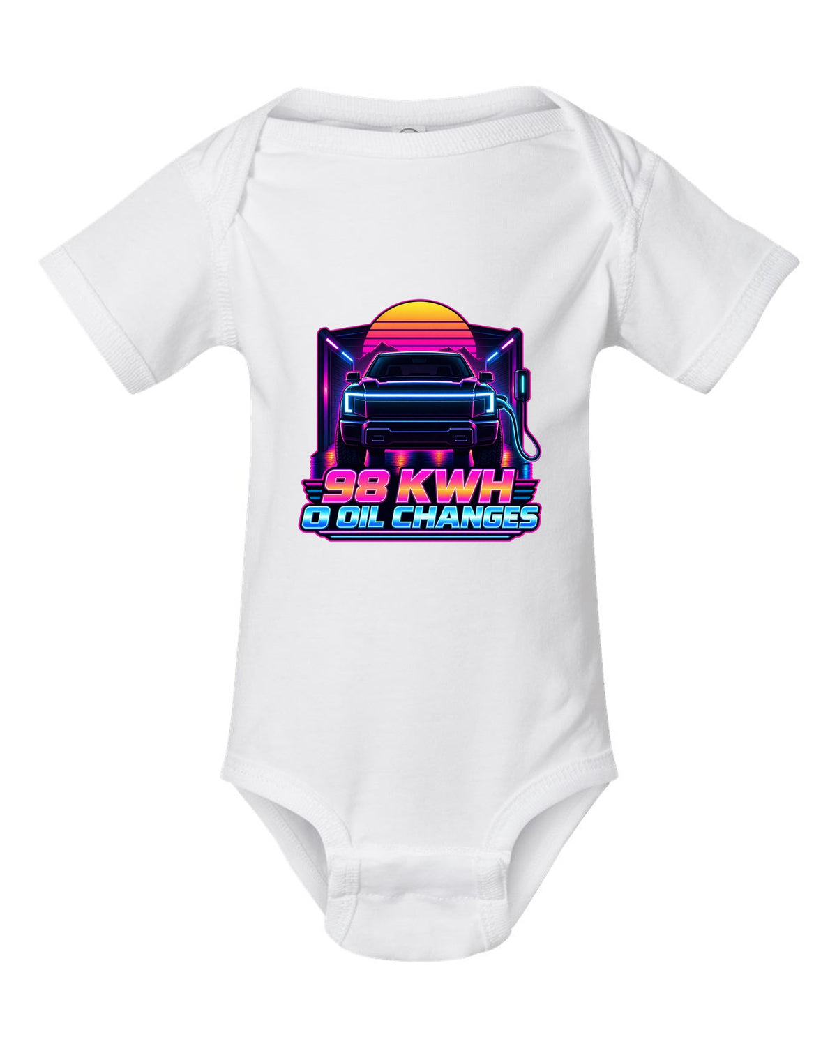 Ford F-150 Lightning EV with lightbar in a neon synthwave outline print white baby onesie front view with the design