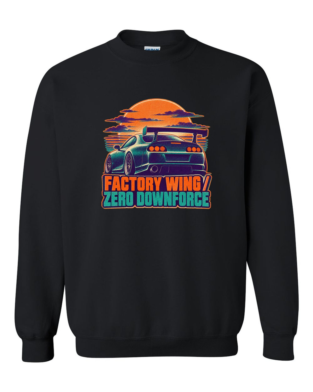 Risograph two-colour dusk print of a Toyota Supra A80 JZA80 with factory wing zero downforce text black crewneck front view with the design