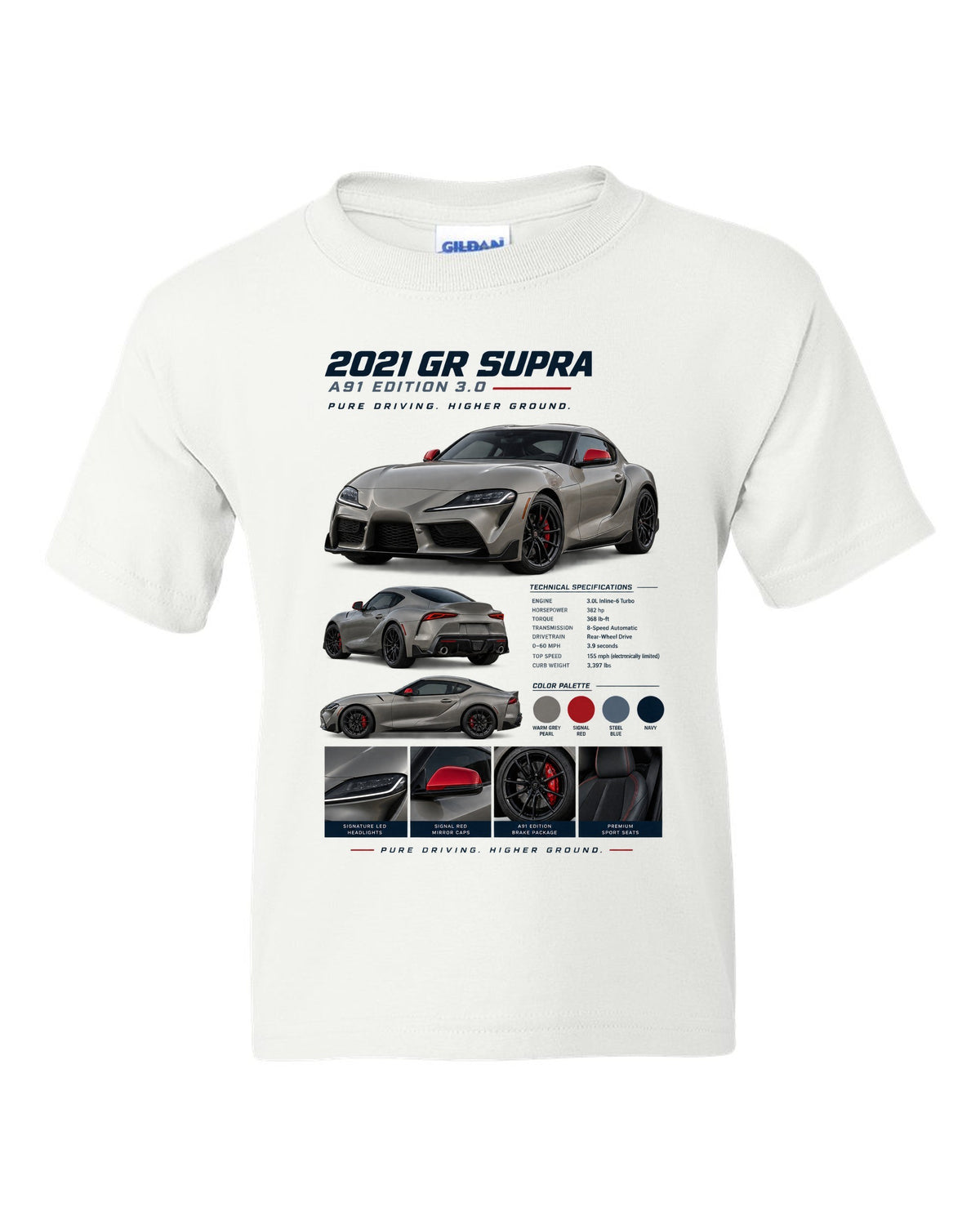 Dossier panel layout of the 2021 Toyota GR Supra A91 Edition in warm grey pearl with red mirror caps white kids tee front view with the design