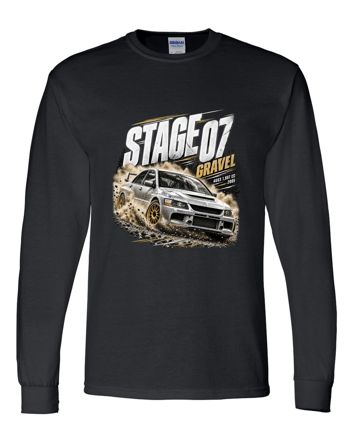 Rally poster print of a Mitsubishi Lancer Evolution IX CT9A on gravel black long sleeve front view with the design
