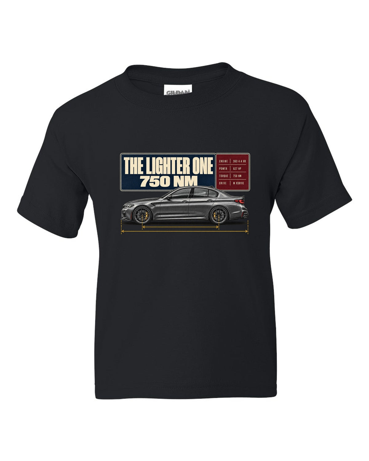 BMW M5 F90 CS spec poster print on a tee black kids tee front view with the design
