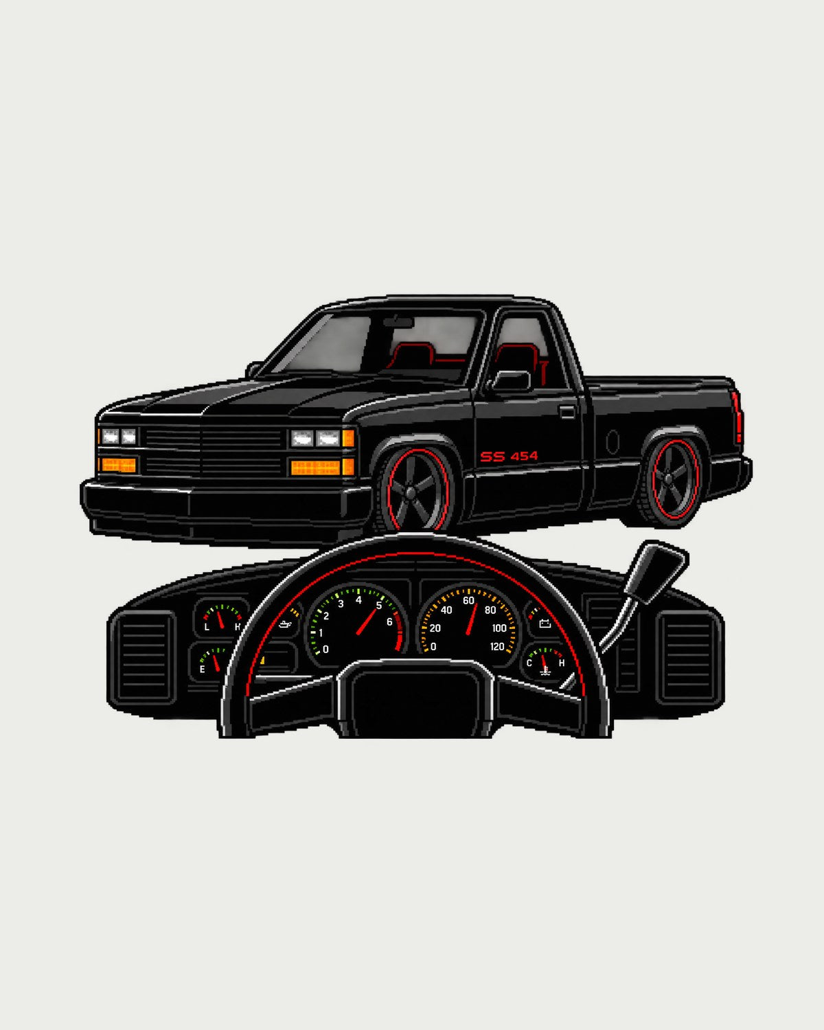 Chevrolet 454 SS Pickup Pixel Art Gauge Shirt, 1990-93 design only
