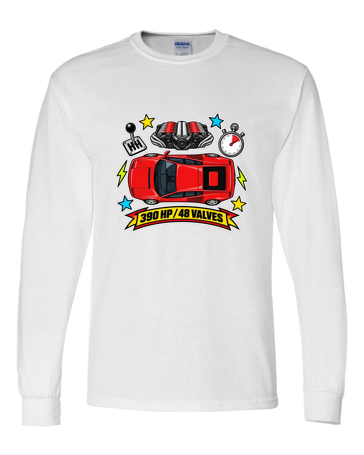 Sticker-bomb collage of the Ferrari Testarossa with 390 HP and 48 valves text white long sleeve front view with the design