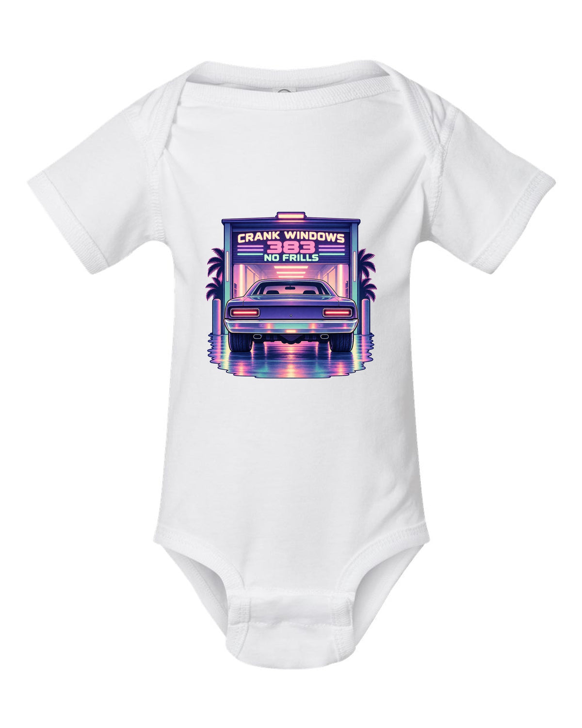 Vaporwave pastel night garage with a 1970 Plymouth Road Runner and 383 no frills lettering white baby onesie front view with the design