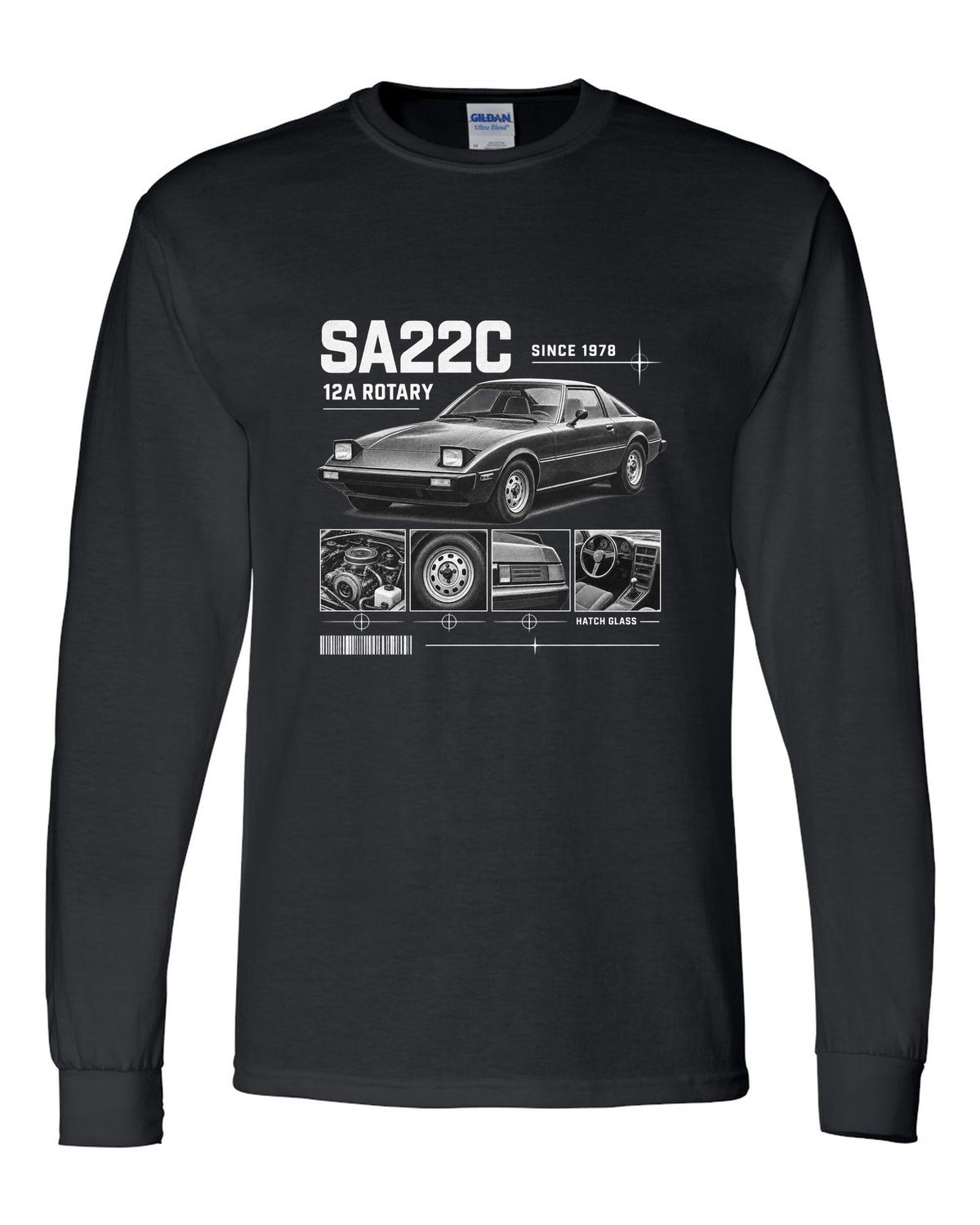 Dossier panel print of a Mazda RX-7 SA22C with 12A rotary lettering black long sleeve front view with the design