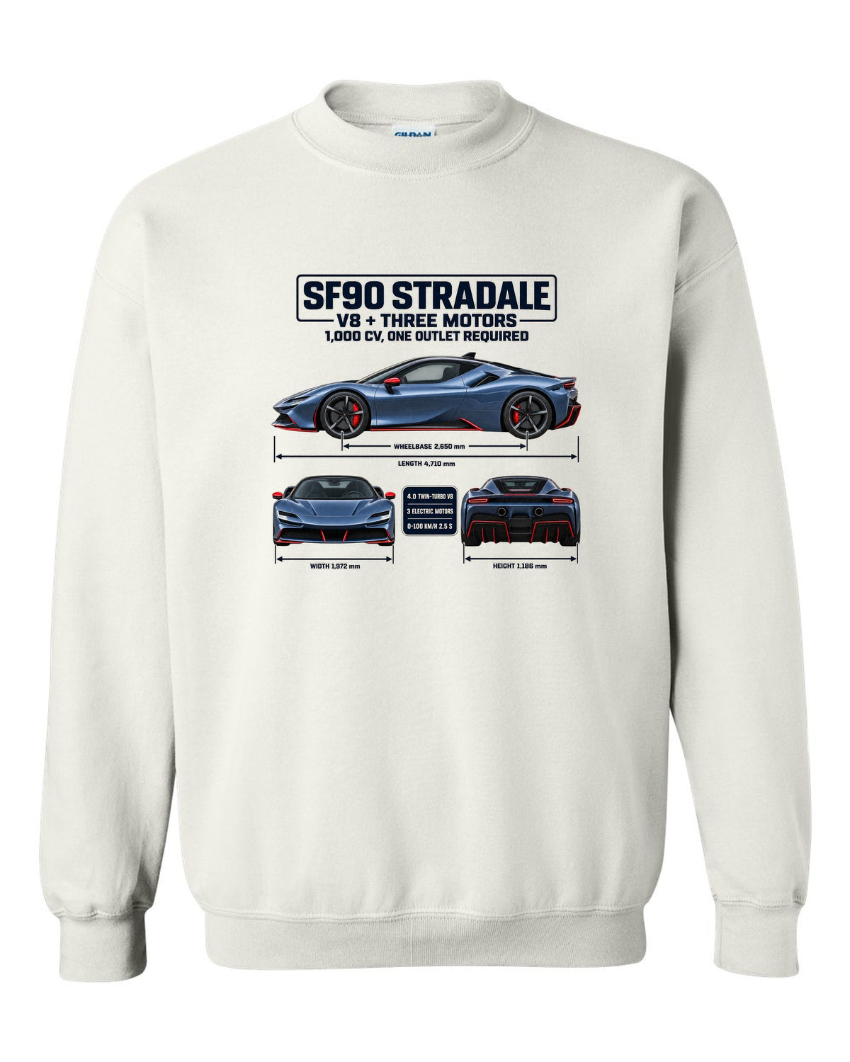Ferrari SF90 Stradale three-view spec sheet print with V8 plus three motors, 1,000 CV white crewneck front view with the design