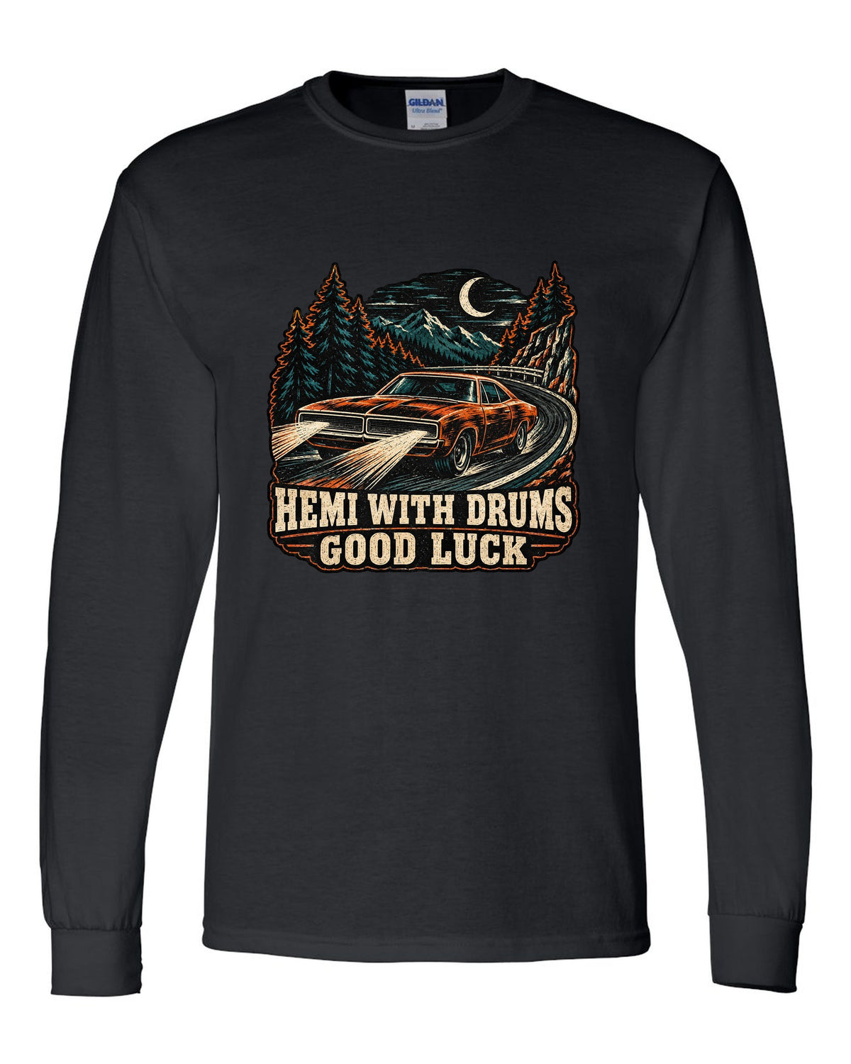 1968 Dodge Charger R/T multi-ink woodcut linocut print with Hemi With Drums Good Luck text black long sleeve front view with the design