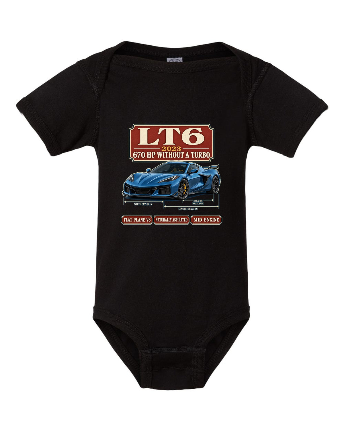 print of a Chevrolet Corvette C8 Z06 in an archive panel layout with LT6 and 670 HP text black baby onesie front view with the design
