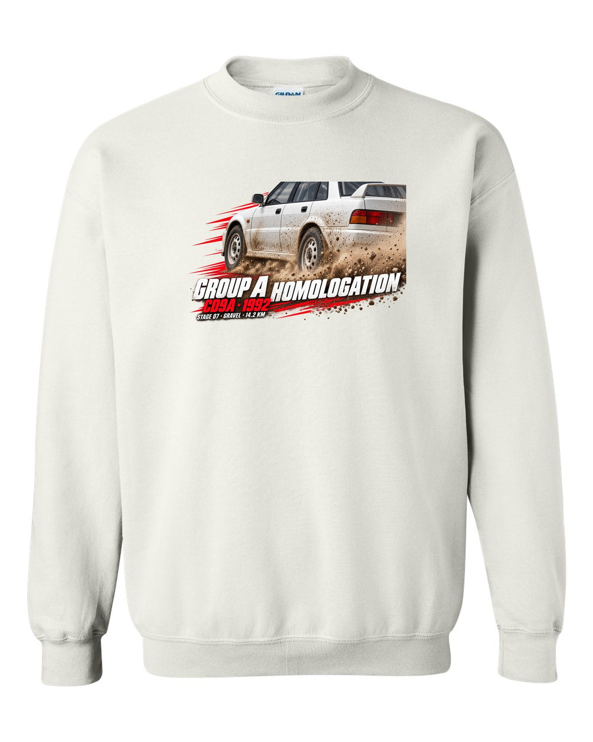 Rally poster print for the Mitsubishi Lancer Evolution I CD9A reading Group A Homologation, 1992, Stage 07 gravel white crewneck front view with the design