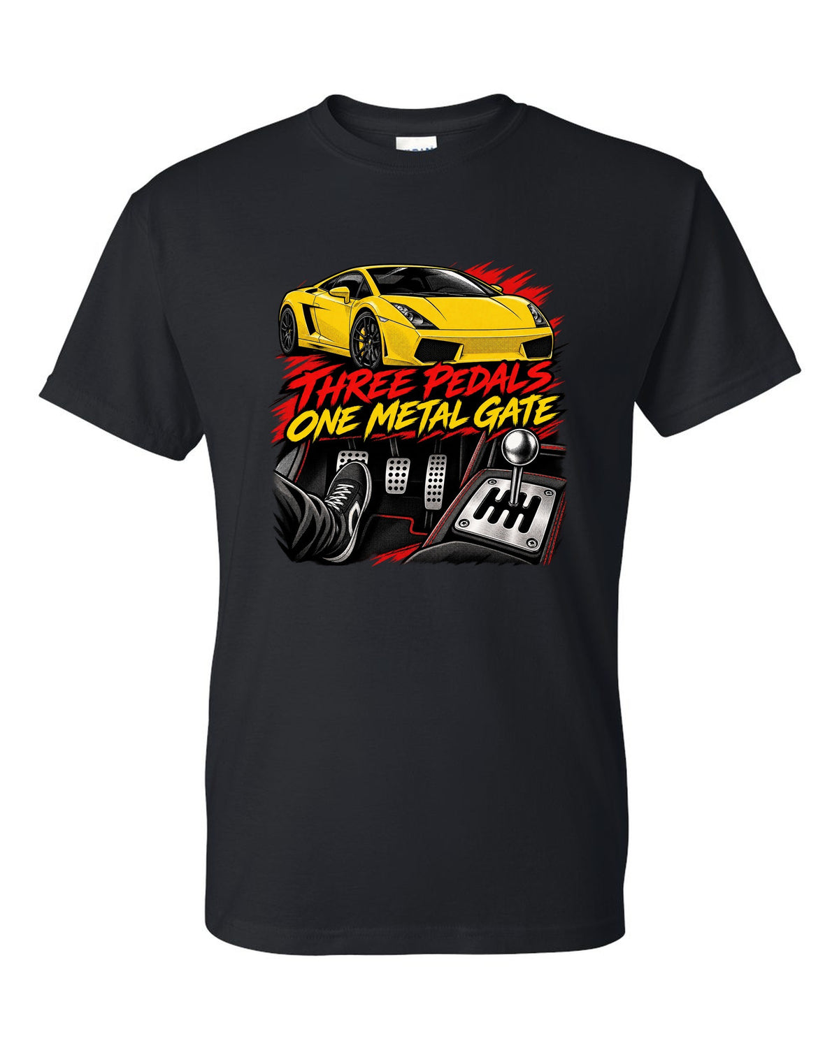 Retro black-ink manga panel of a Lamborghini Gallardo coupe with a gated six-speed manual shifter black t-shirt front view with the design
