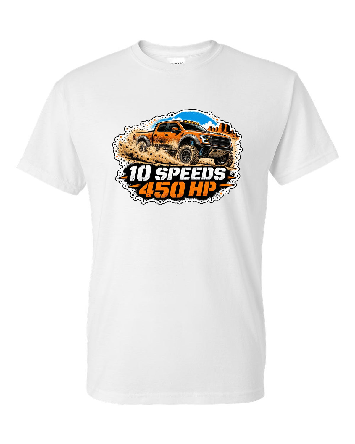 Spray stencil street art print of a 2017-20 Ford F-150 Raptor Gen 2 P552 in desert dust white t-shirt front view with the design