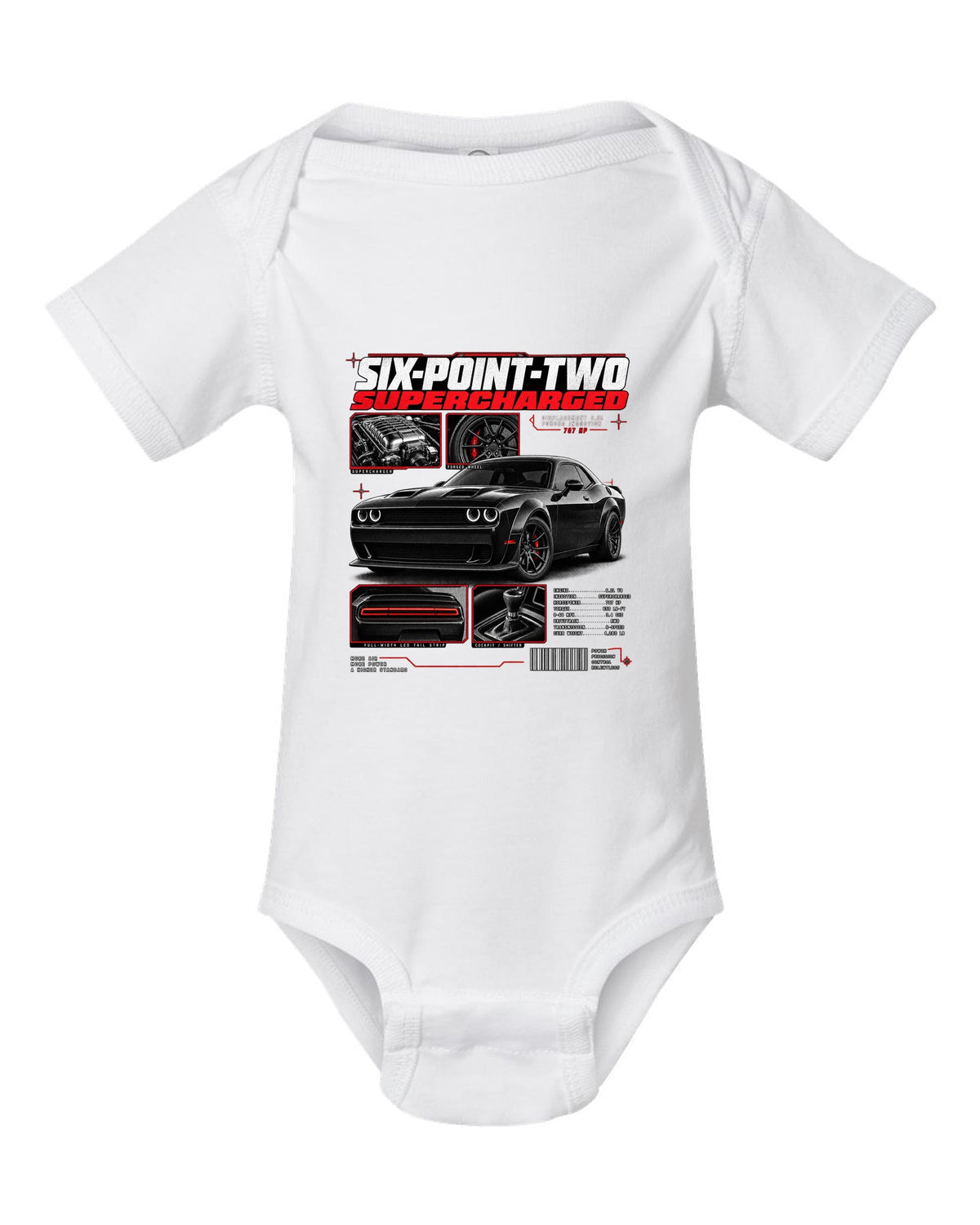 Dossier panel print of a 2018 Dodge Challenger LC/LA with 6.2 supercharged and 707 HP text white baby onesie front view with the design