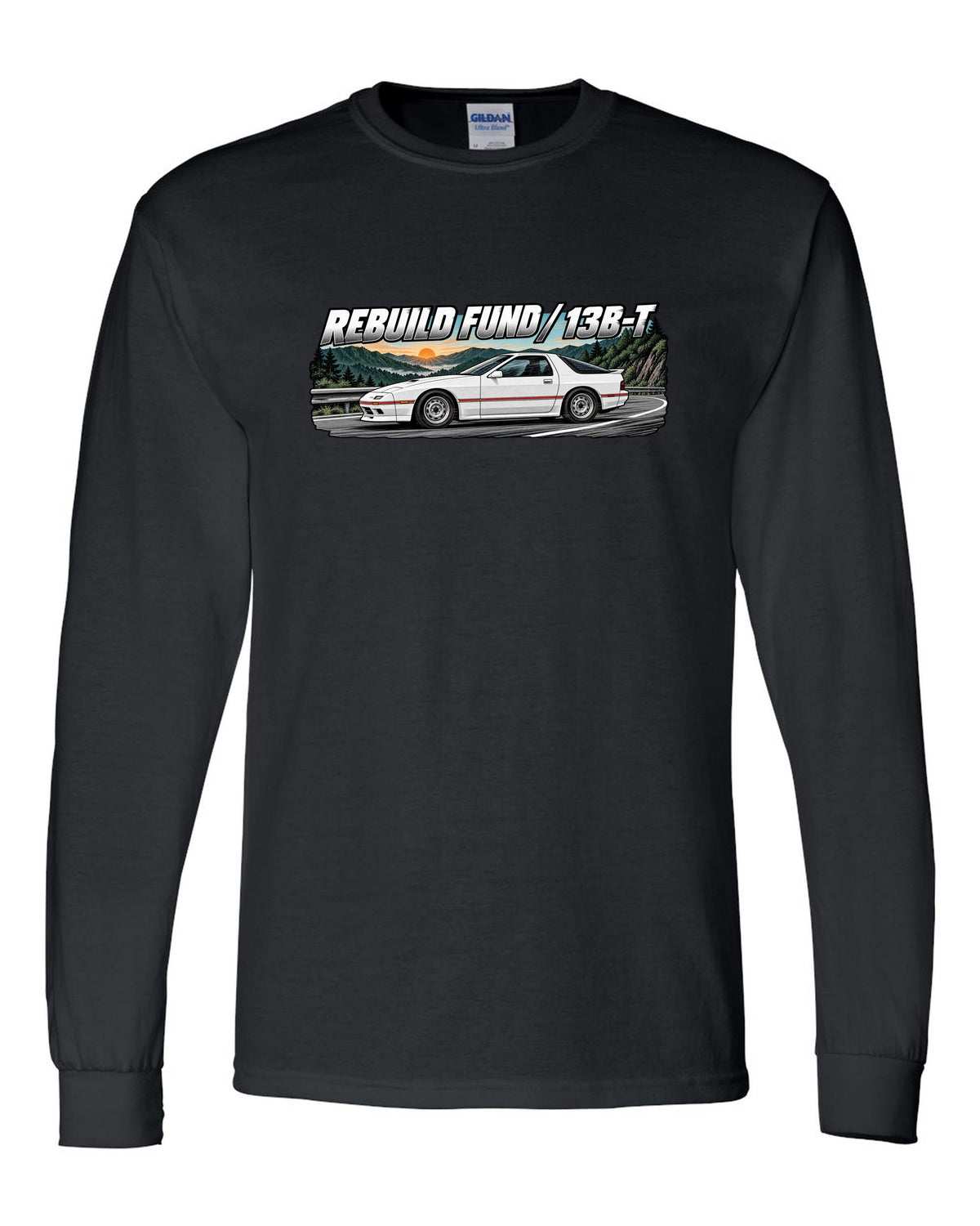 Retro manga ink and screentone illustration of a Mazda RX-7 FC3S black long sleeve front view with the design