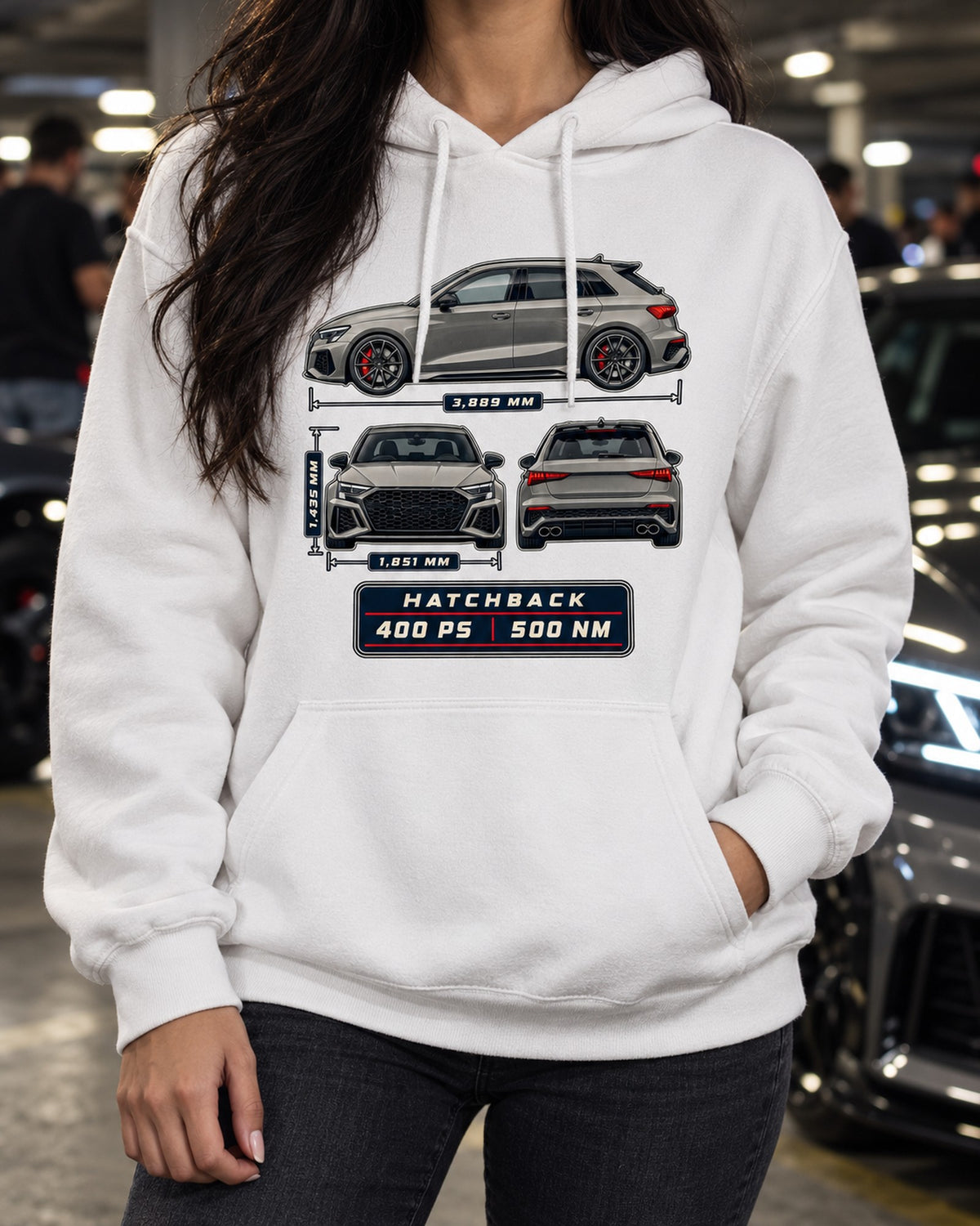 Audi RS3 8Y Sportback Three-View Spec Table Car Shirt Pull Over Hoodie White worn hero
