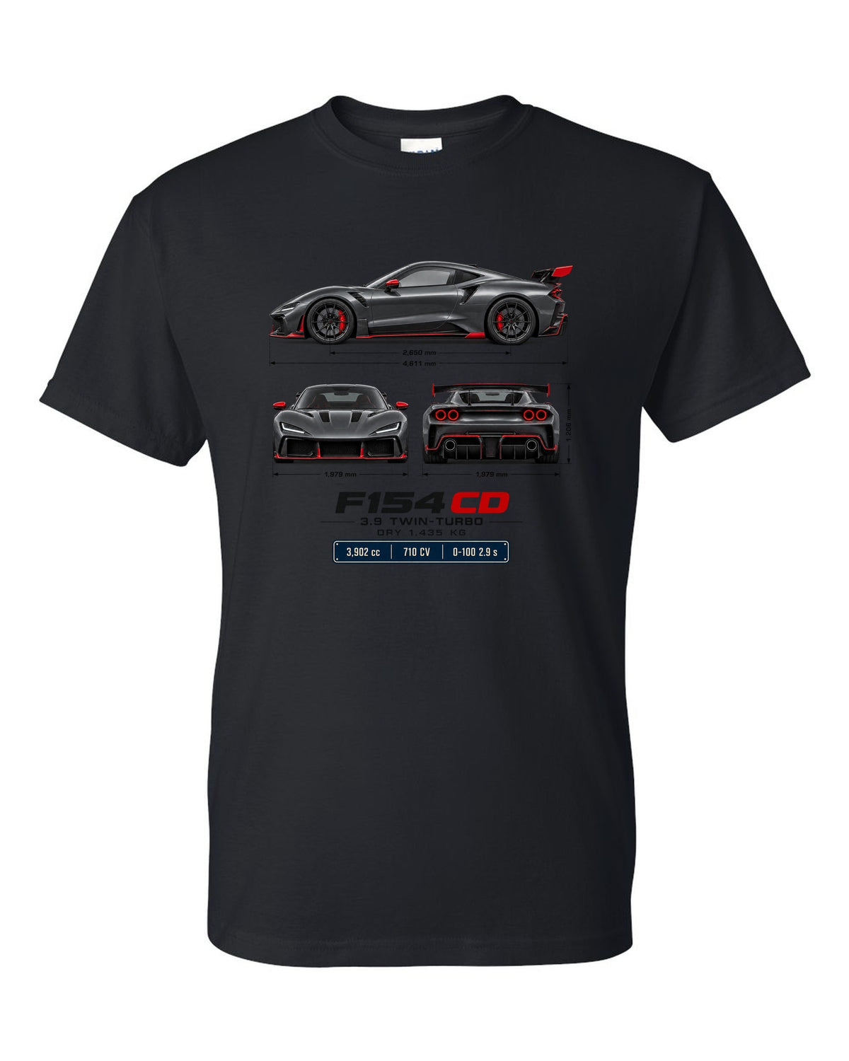 Ferrari F8 Tributo three-view spec table print with F154 CD engine code black t-shirt front view with the design