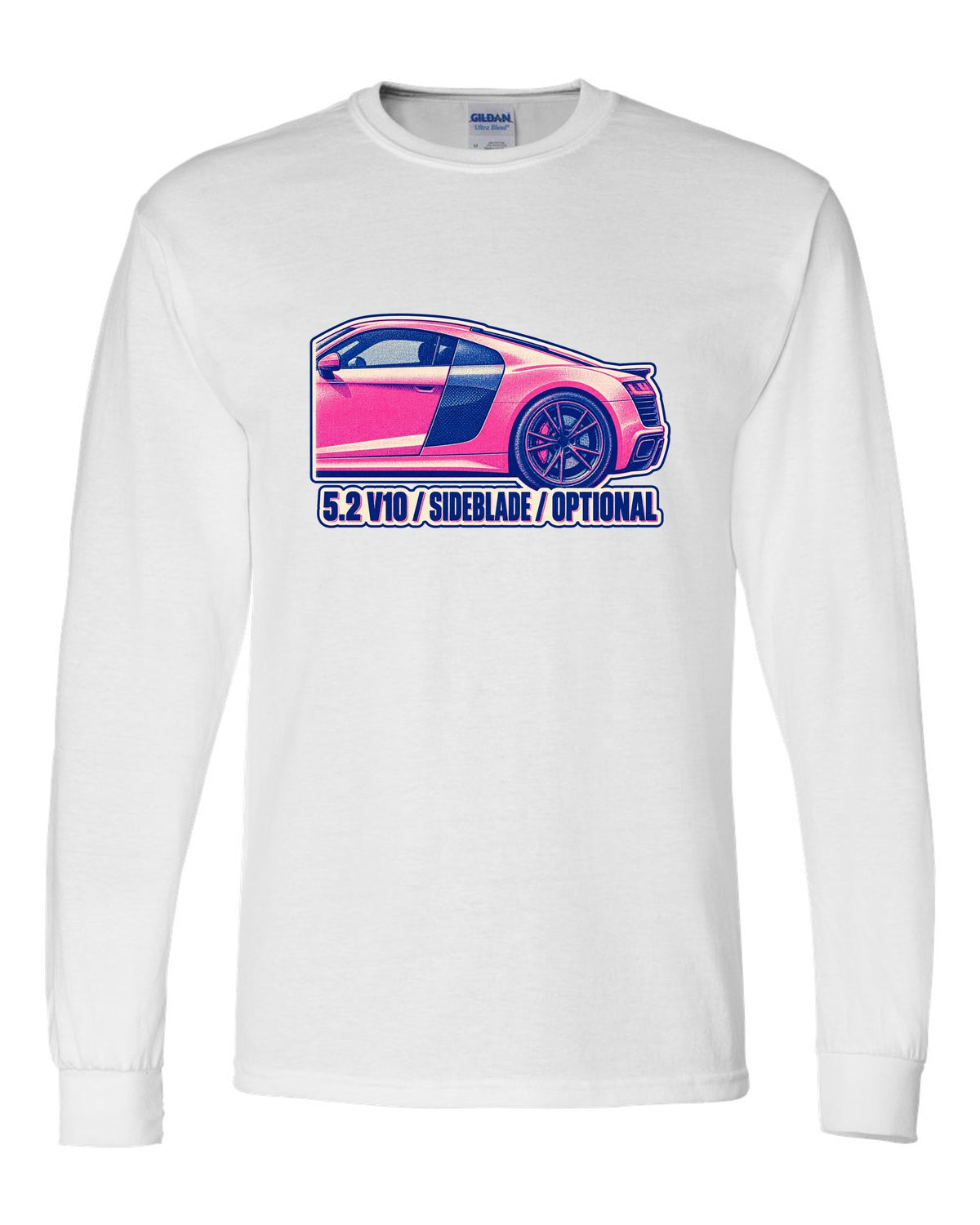 Risograph two-ink print of an Audi R8 4S with 5.2 V10 and Sideblade text white long sleeve front view with the design