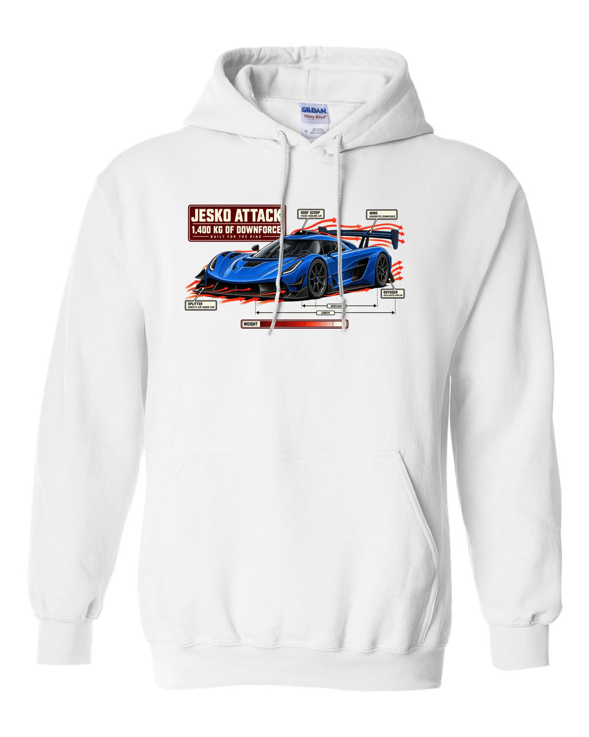 Aero callout diagram of the Koenigsegg Jesko Attack with rear wing and splitter, print white pull over hoodie front view with the design