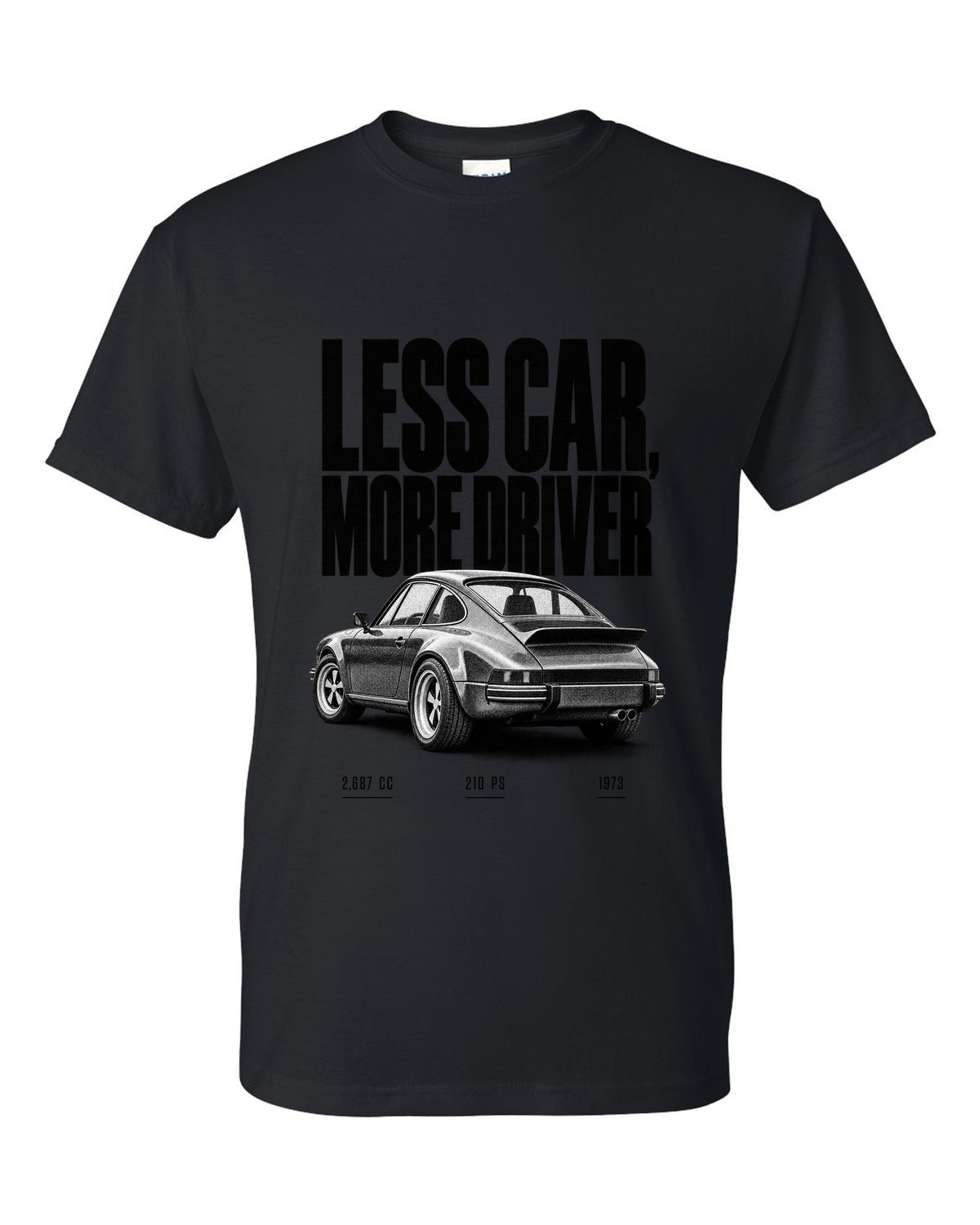 Halftone print of the 1973 Porsche 911 Carrera RS 2.7 with the line Less Car More Driver black t-shirt front view with the design