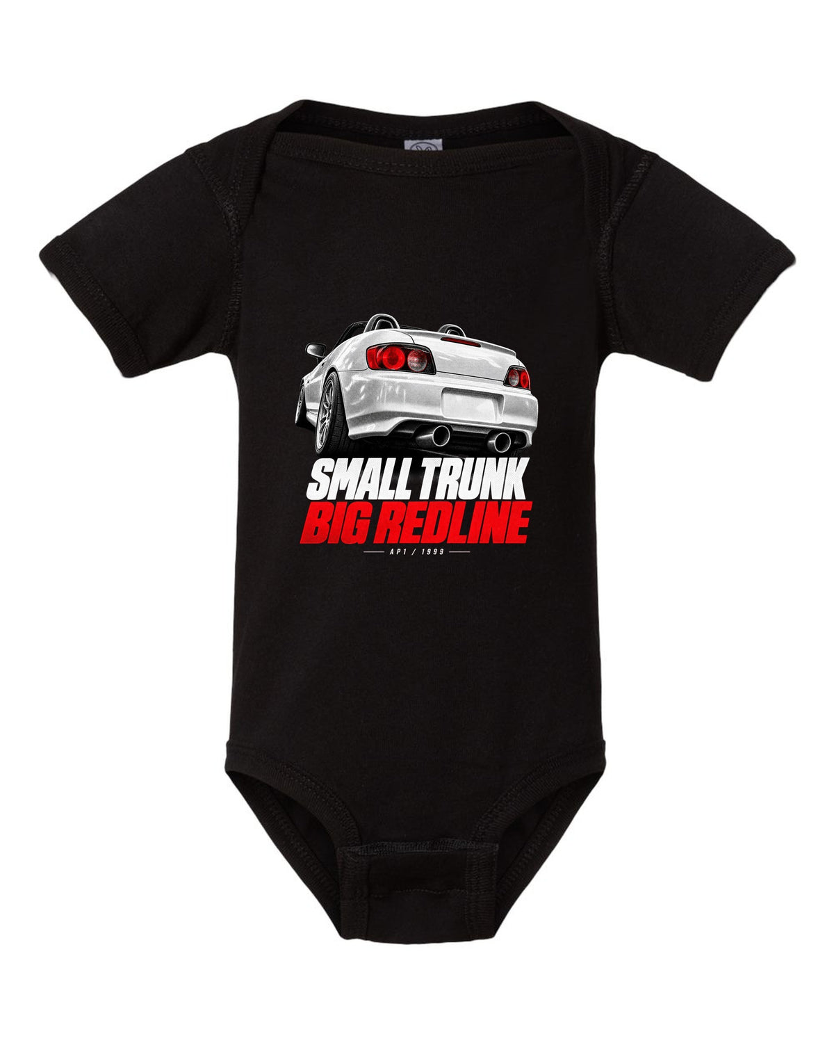 Honda S2000 AP1 roadster taillight detail design with small trunk big redline text black baby onesie front view with the design