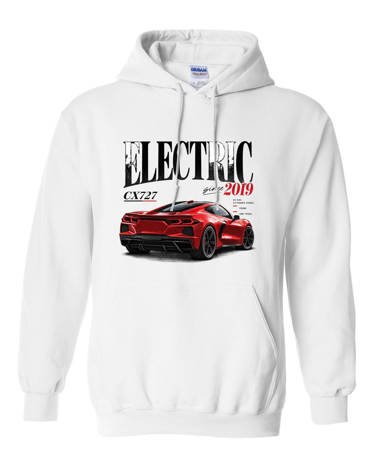 Ford Mustang Mach-E CX727 editorial headline print reading Electric Since 2019 white pull over hoodie front view with the design