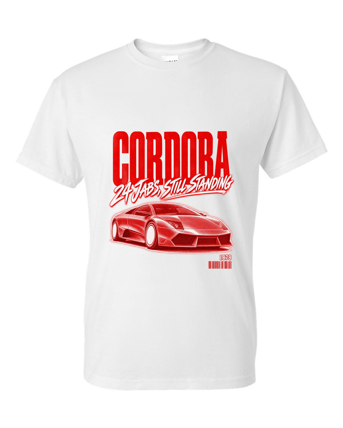 Street poster print of a Lamborghini Murcielago LP640 with Cordoba and 1879 text white t-shirt front view with the design