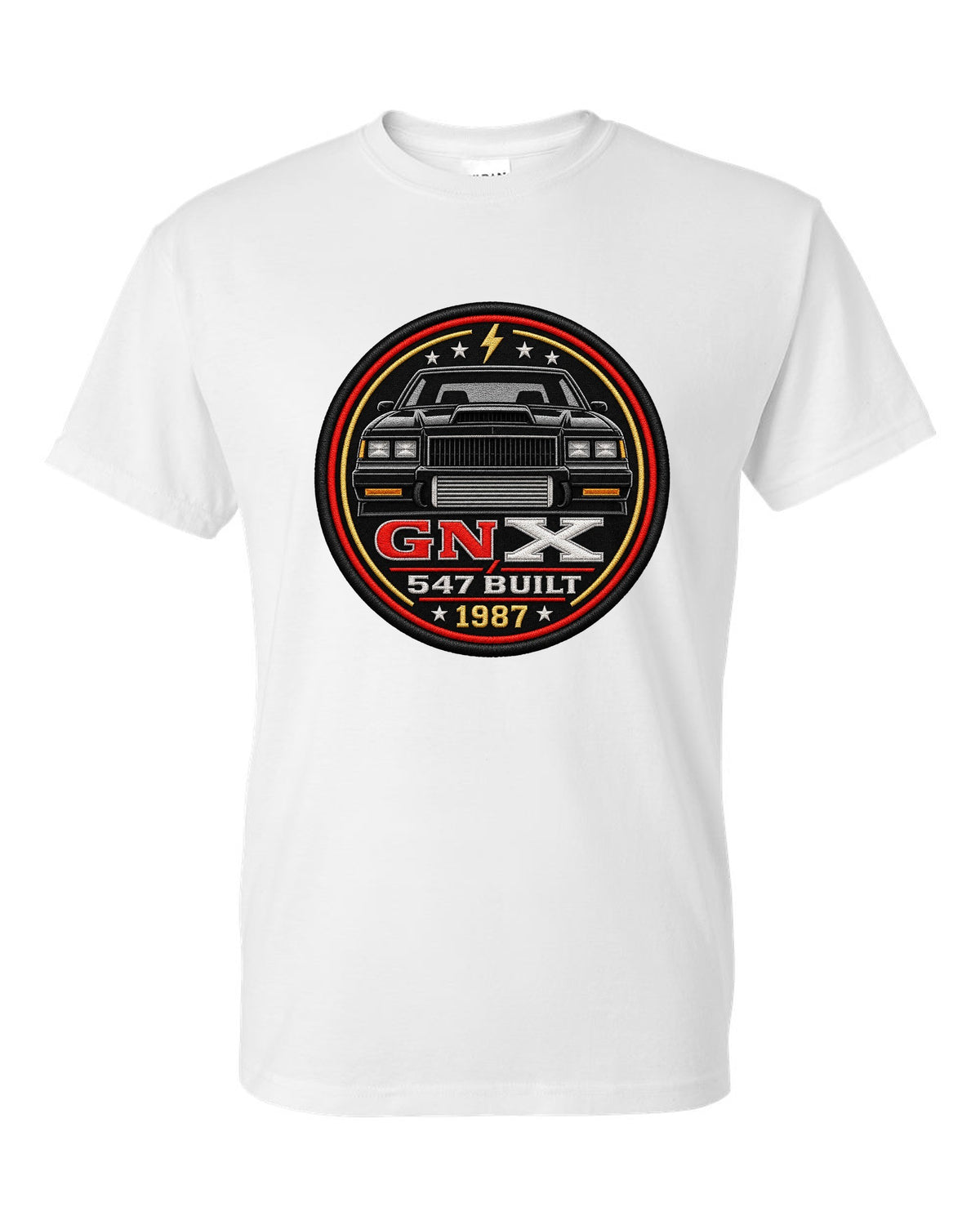 1987 Buick GNX coupe inside a round crest design with 547 built text white t-shirt front view with the design
