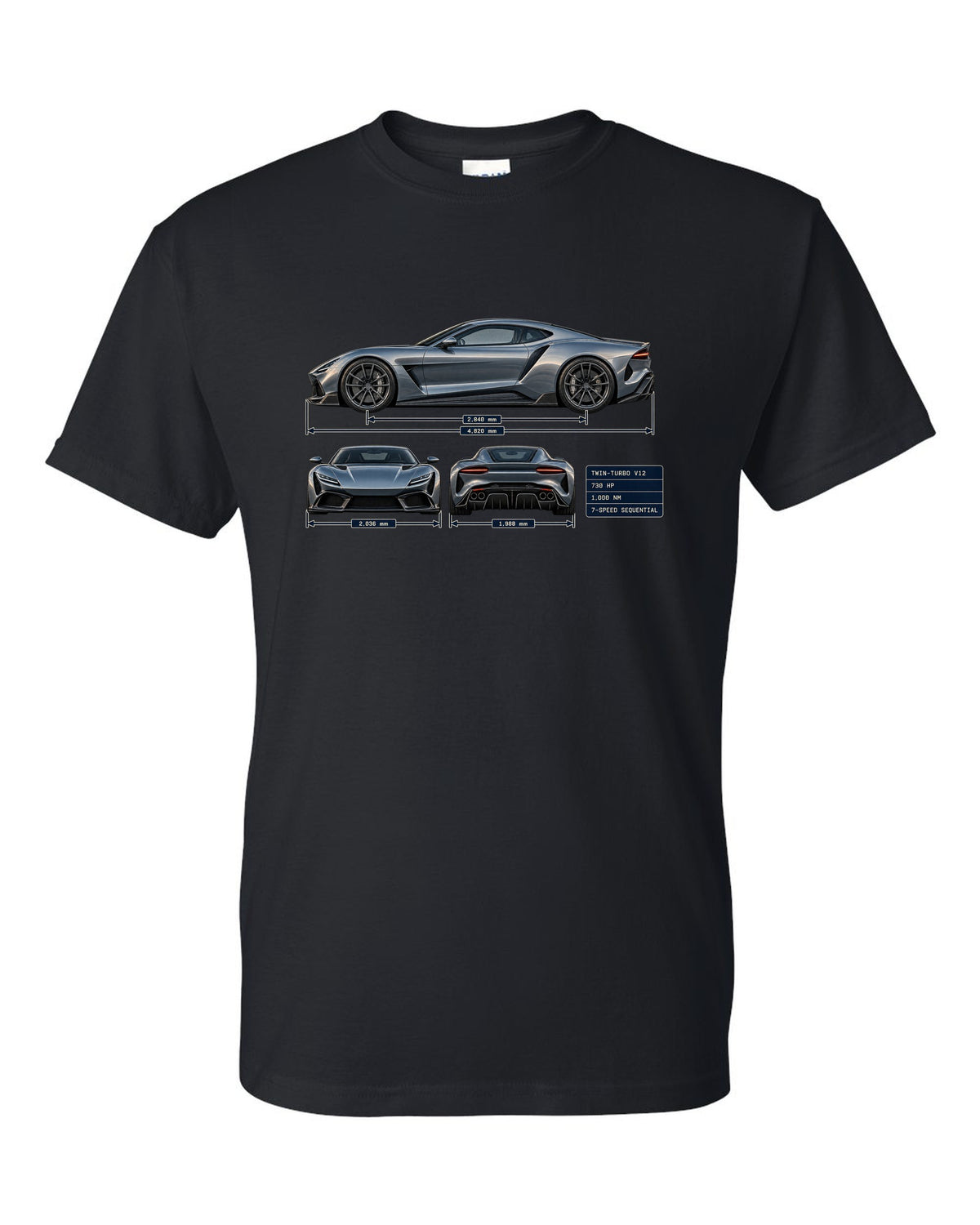 Three-view and spec table print of the Pagani Huayra coupe with 730 hp, 1,000 Nm, seven-speed sequential black t-shirt front view with the design