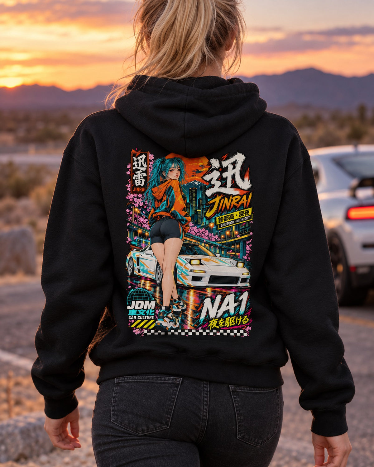 JINRAI NA1 Anime Girl Full-Back Graphic Tee Pull Over Hoodie Black worn hero