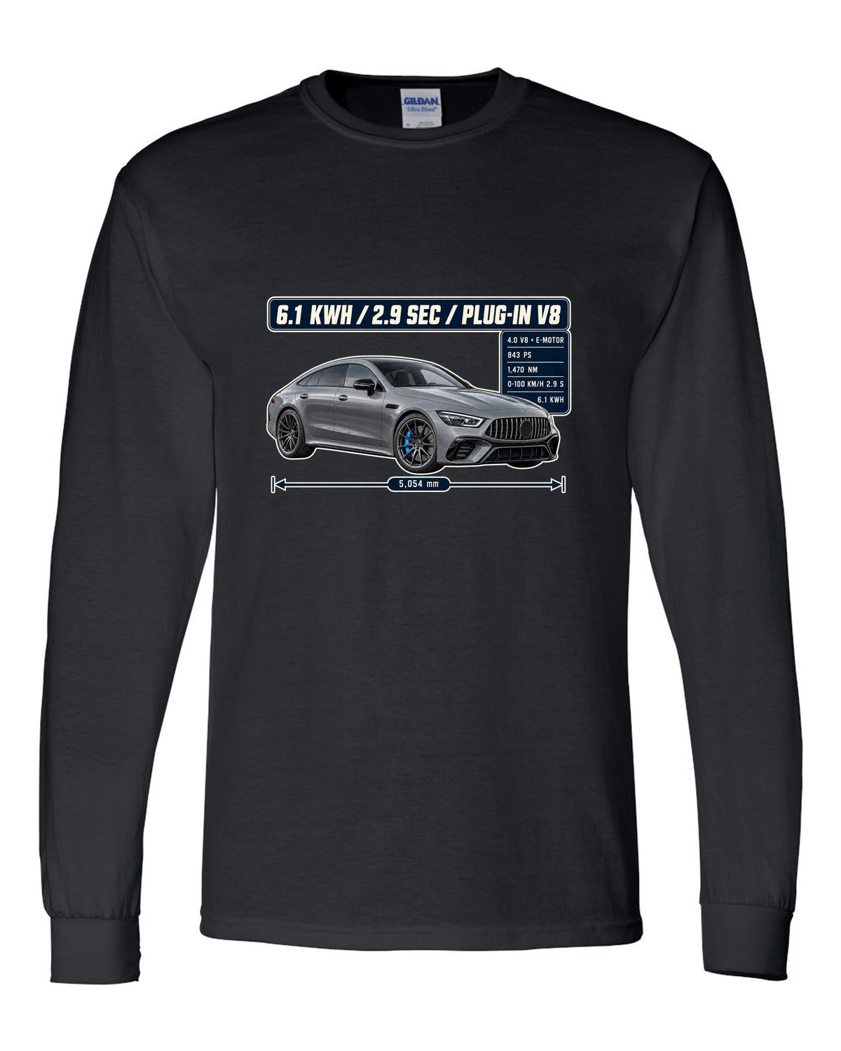 Mercedes-AMG GT 63 S E Performance spec poster design with electric-blue accent black long sleeve front view with the design