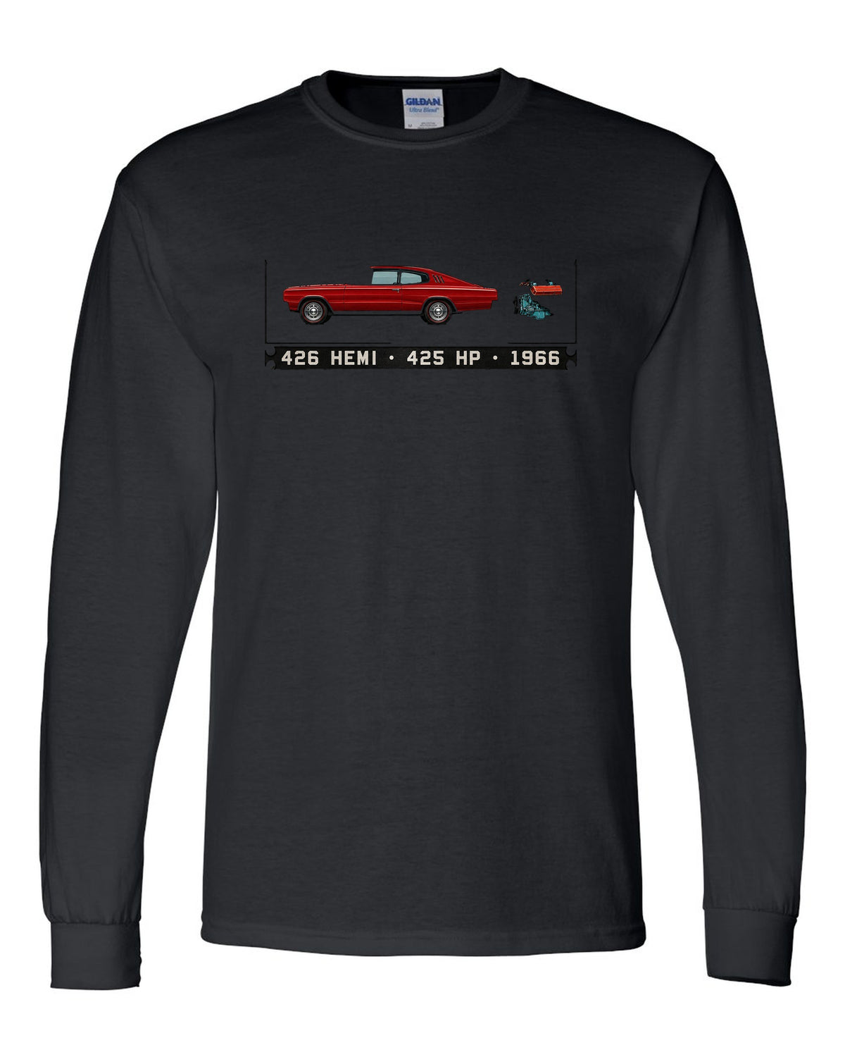 Spec-sheet data plate print of a 1966 Dodge Charger fastback with 426 Hemi text black long sleeve front view with the design