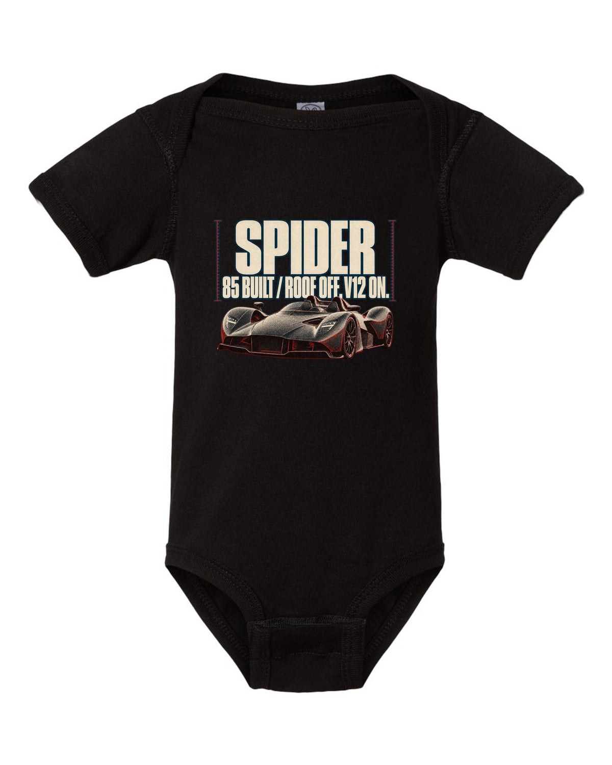 Aston Martin Valkyrie Spider 2022 halftone print with 85 built and roof off V12 on text black baby onesie front view with the design