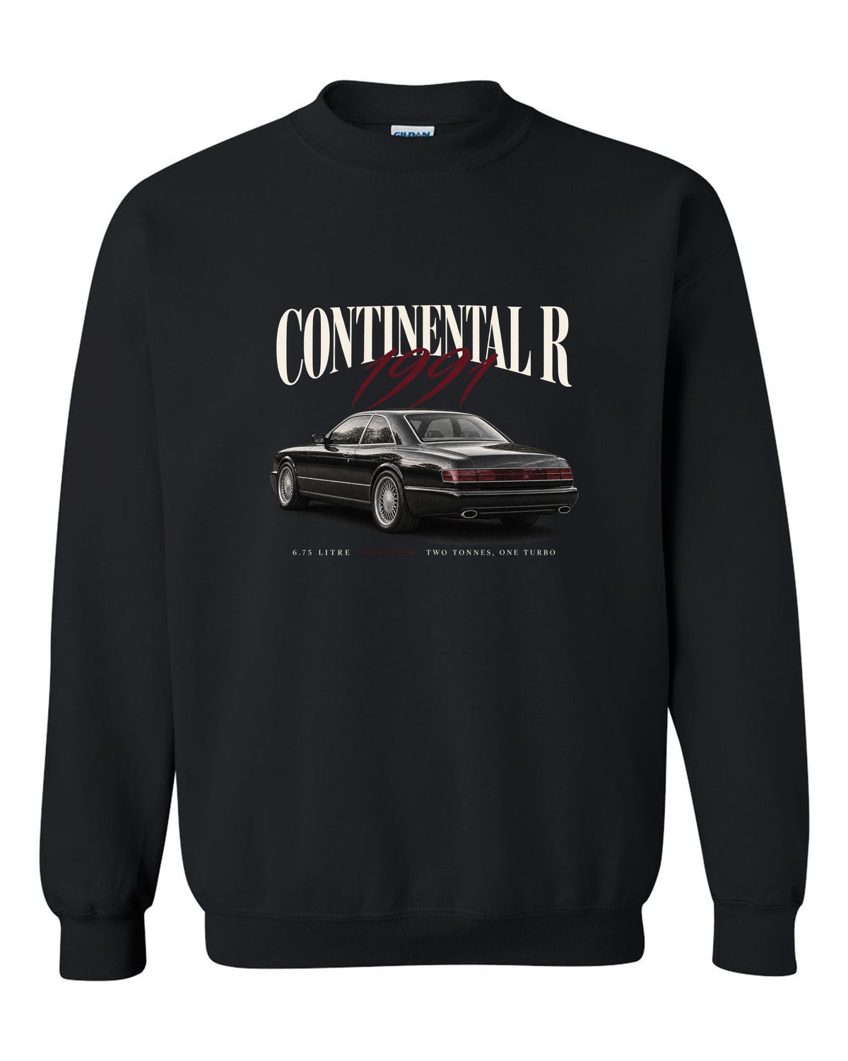 Bentley Continental R editorial headline print black crewneck front view with the design