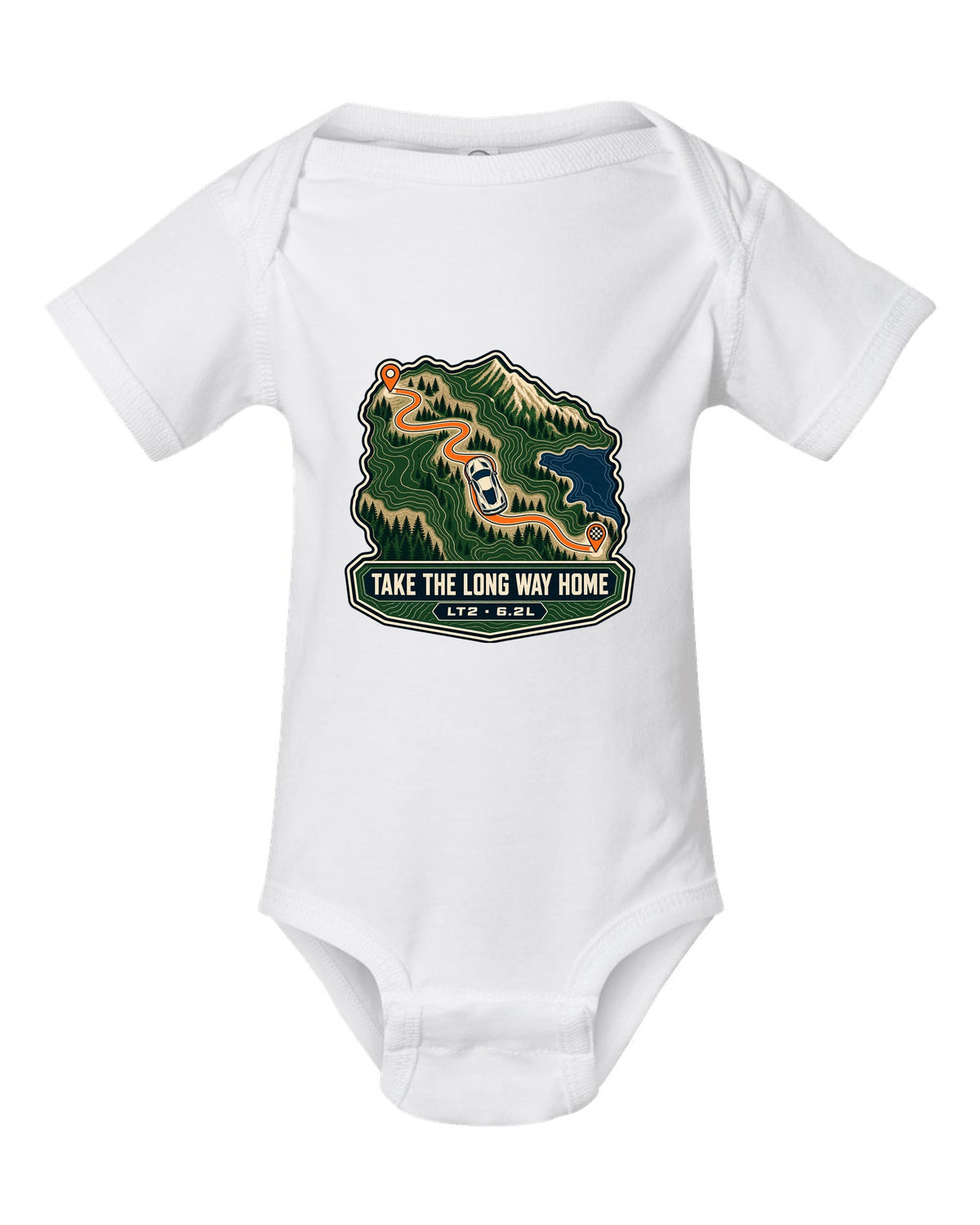 Linocut print of a Corvette C8.R race car with wide fenders and rear wing white baby onesie front view with the design