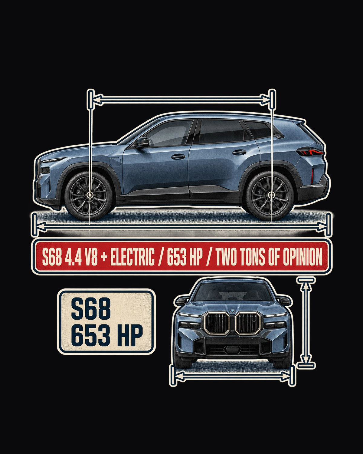 BMW XM G09 Dimension Blueprint Tee, S68 V8 Plug-In SUV design only