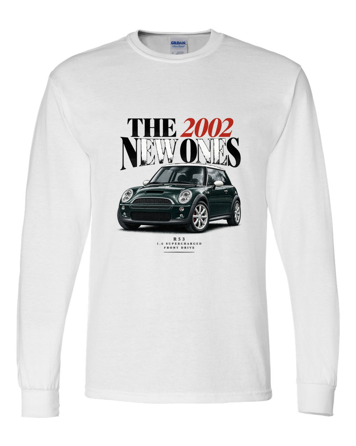 Mini Cooper S R53 dark green with white roof editorial headline print white long sleeve front view with the design