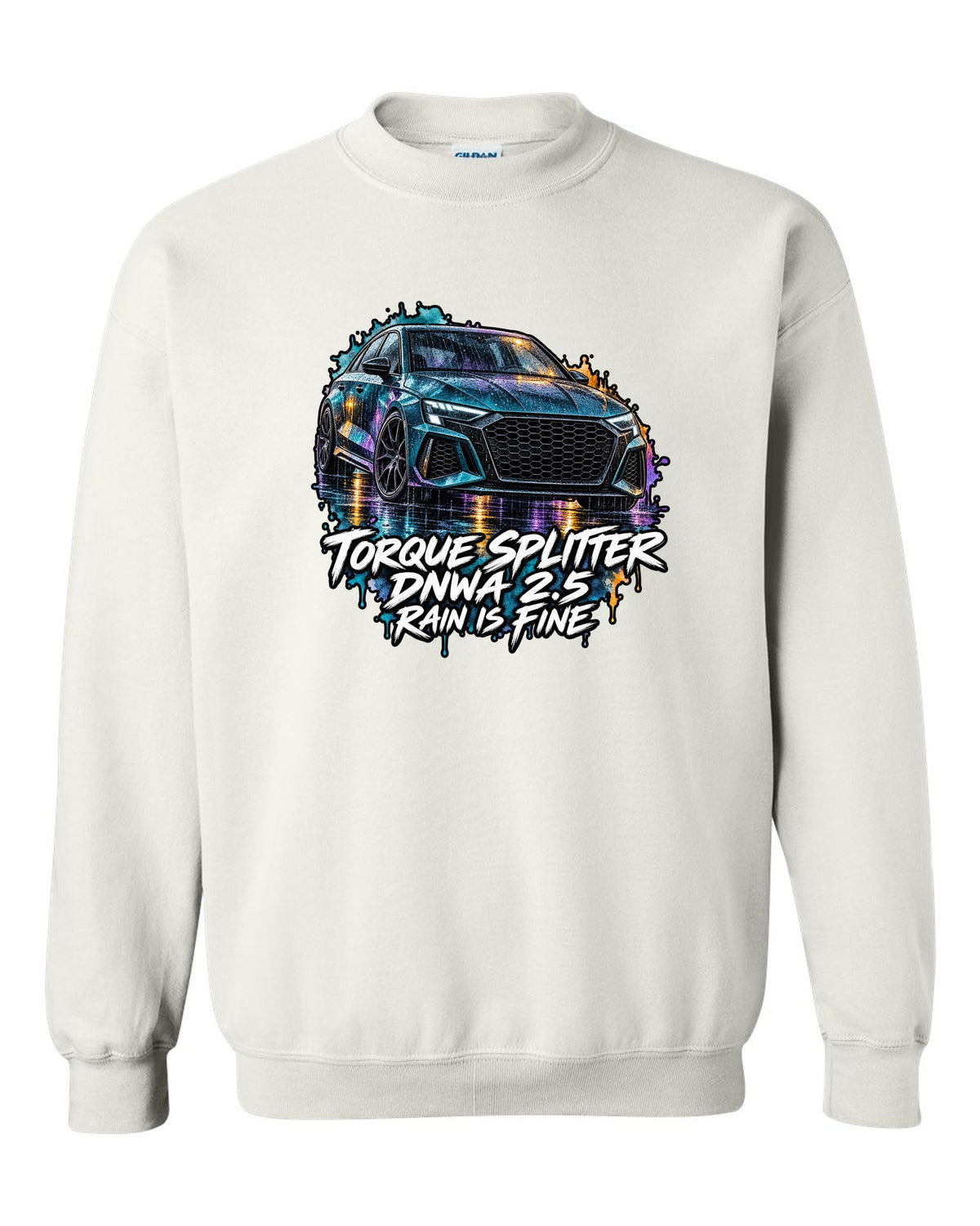 Watercolour wash print of an Audi RS3 8Y with Rain Is Fine lettering white crewneck front view with the design