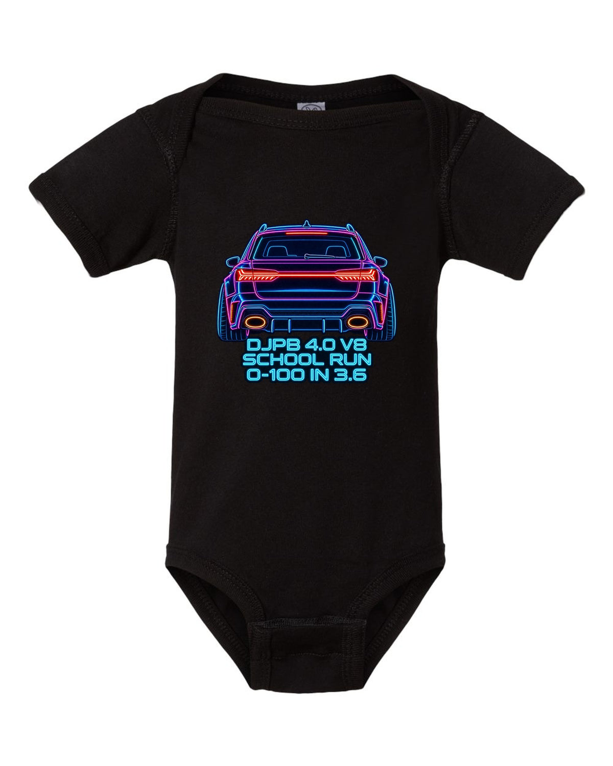 Neon sign line art design of the Audi RS6 Avant C8 with school run and 0-100 in 3.6 lettering black baby onesie front view with the design
