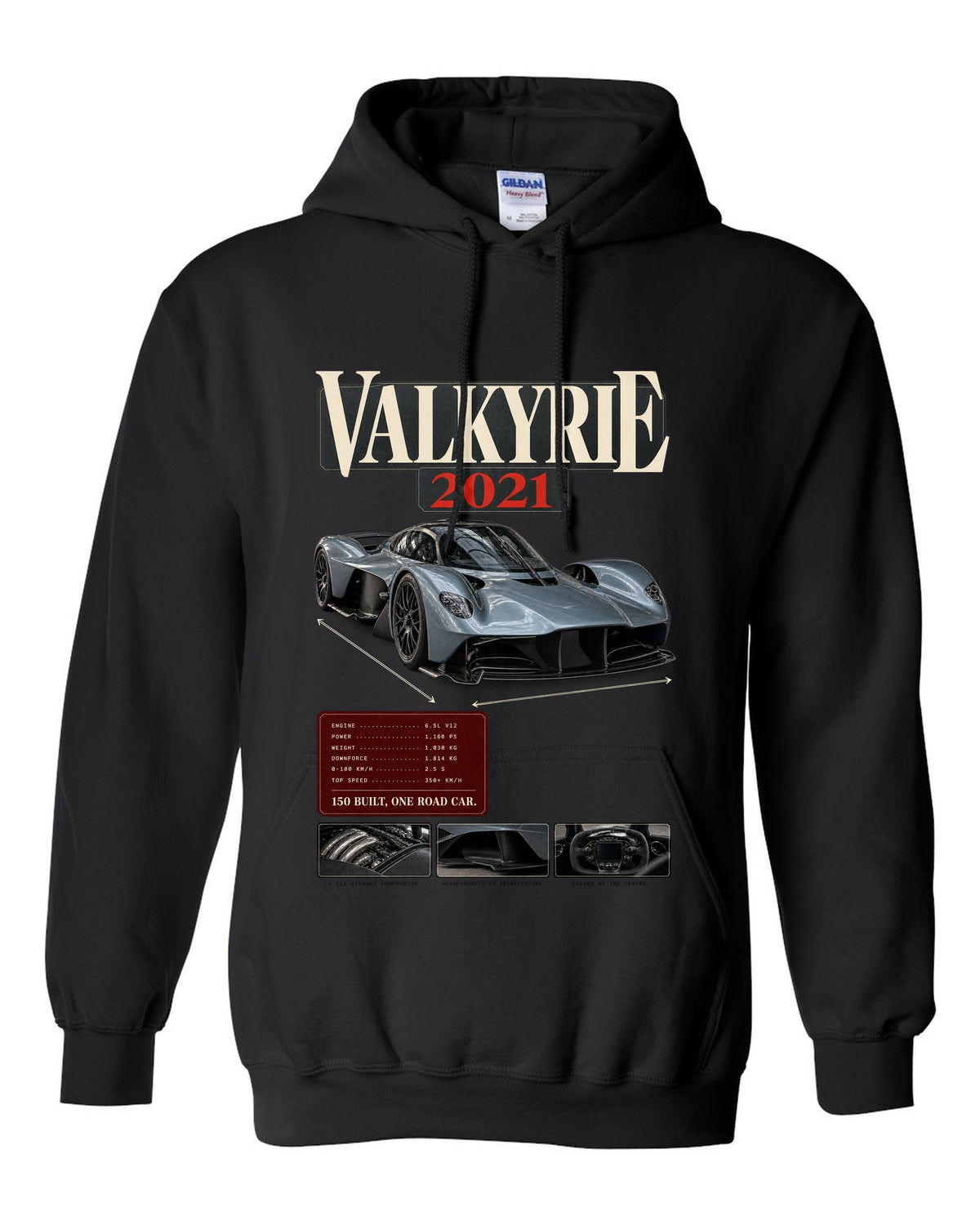Aston Martin Valkyrie 2021 archive panel print with 150 built one road car text black pull over hoodie front view with the design