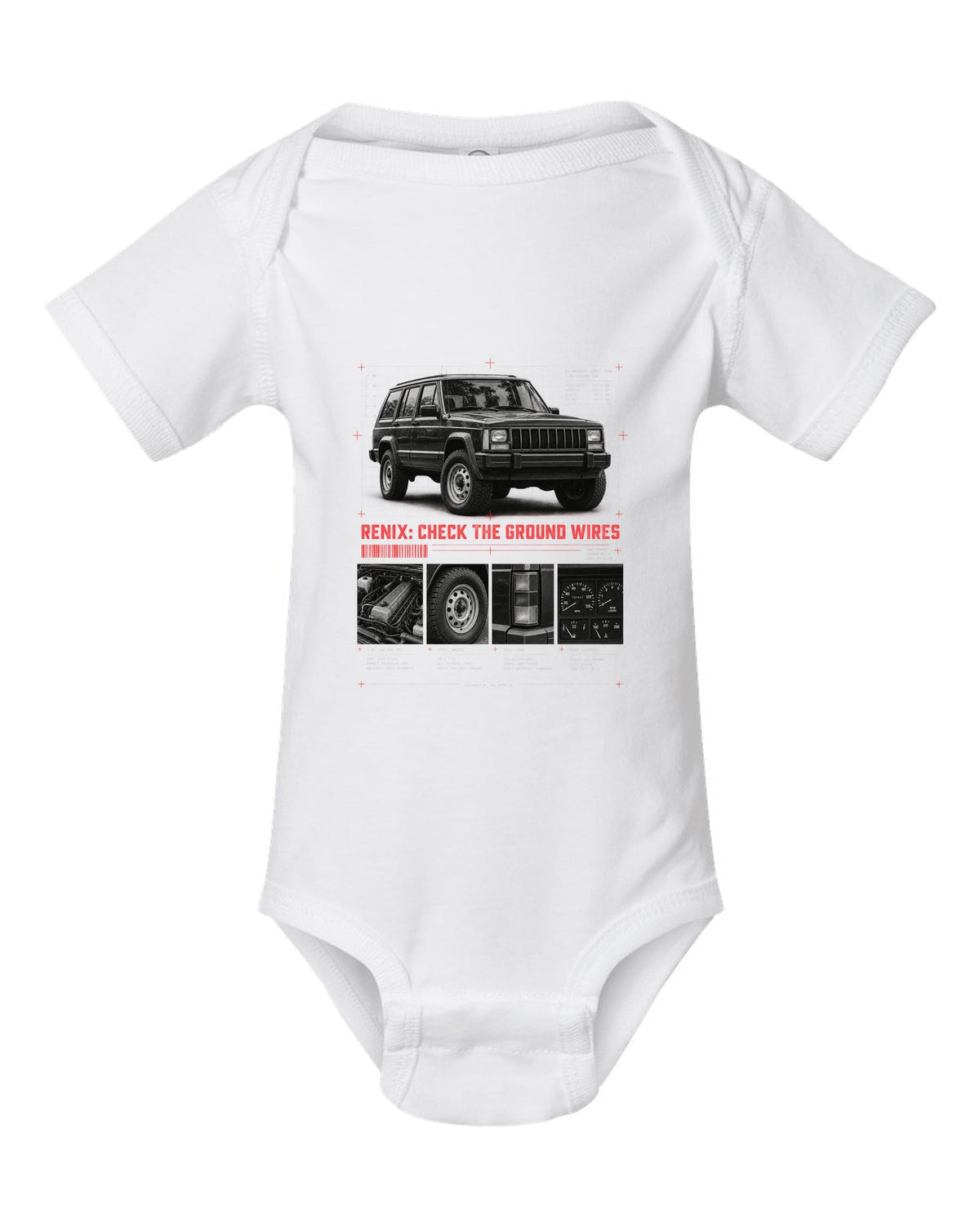 Dossier panel print for the Jeep Cherokee XJ Renix era, 1987-1990 4.0L white baby onesie front view with the design