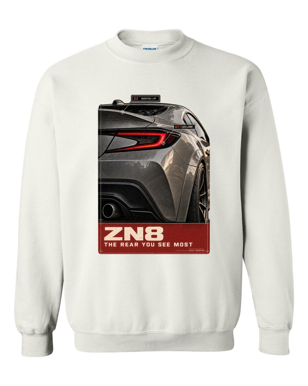 Macro poster-style print of the rear lamp on a Toyota GR86 ZN8 white crewneck front view with the design