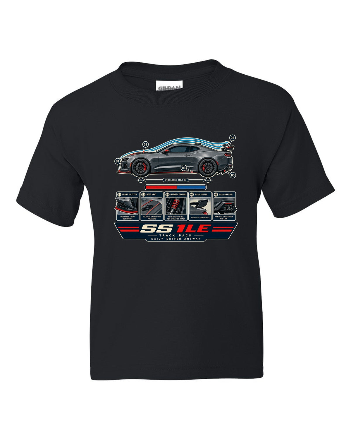 Airflow cutaway print of a 6th generation Chevrolet Camaro SS 1LE black kids tee front view with the design