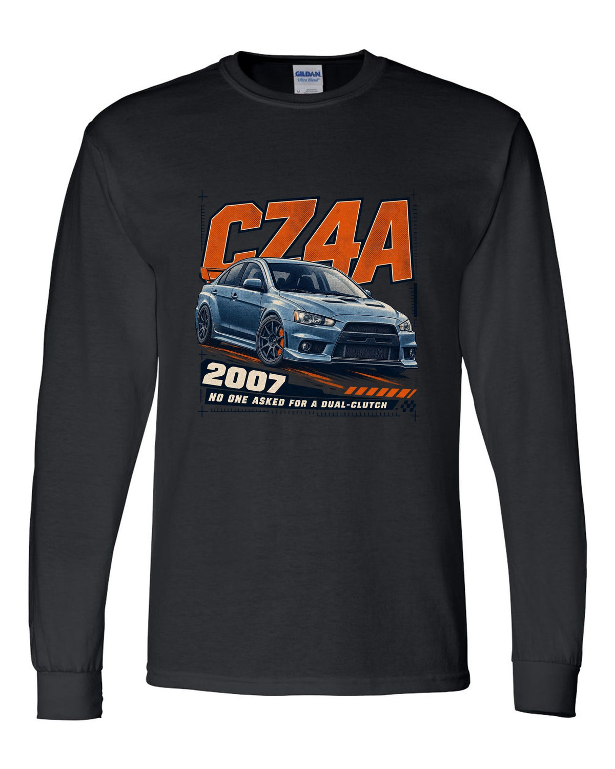 Mitsubishi Lancer Evolution X CZ4A front three-quarter halftone print black long sleeve front view with the design