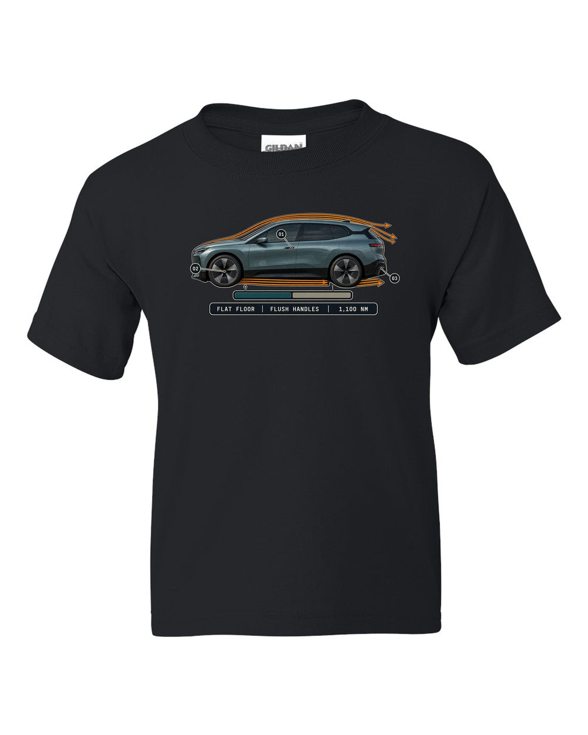 Aero cutaway callout print of the BMW iX M60 I20 with flush handles and flat floor black kids tee front view with the design