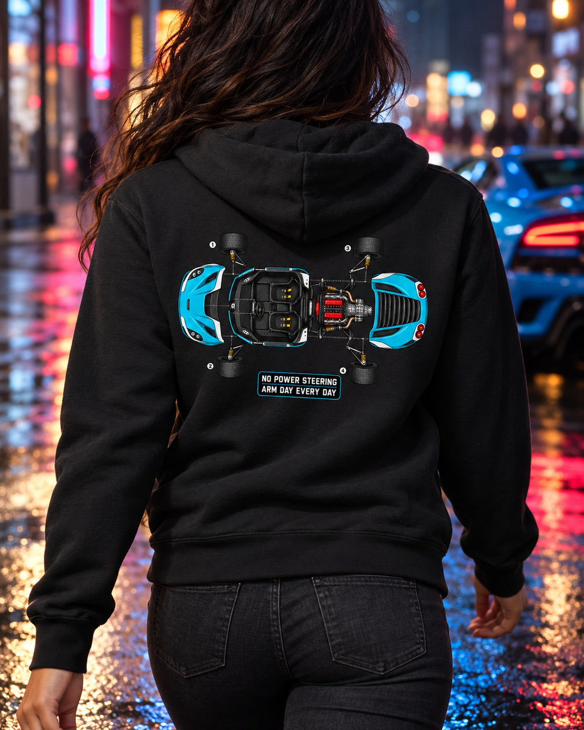 Alfa Romeo 4C Exploded Blueprint Tee, Arm Day Every Day Zip Hoodie Black worn hero