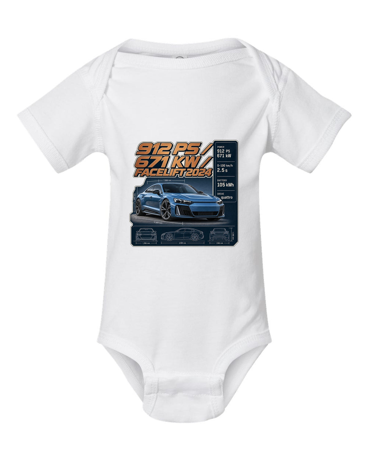 Audi RS e-tron GT performance facelift spec poster print design white baby onesie front view with the design