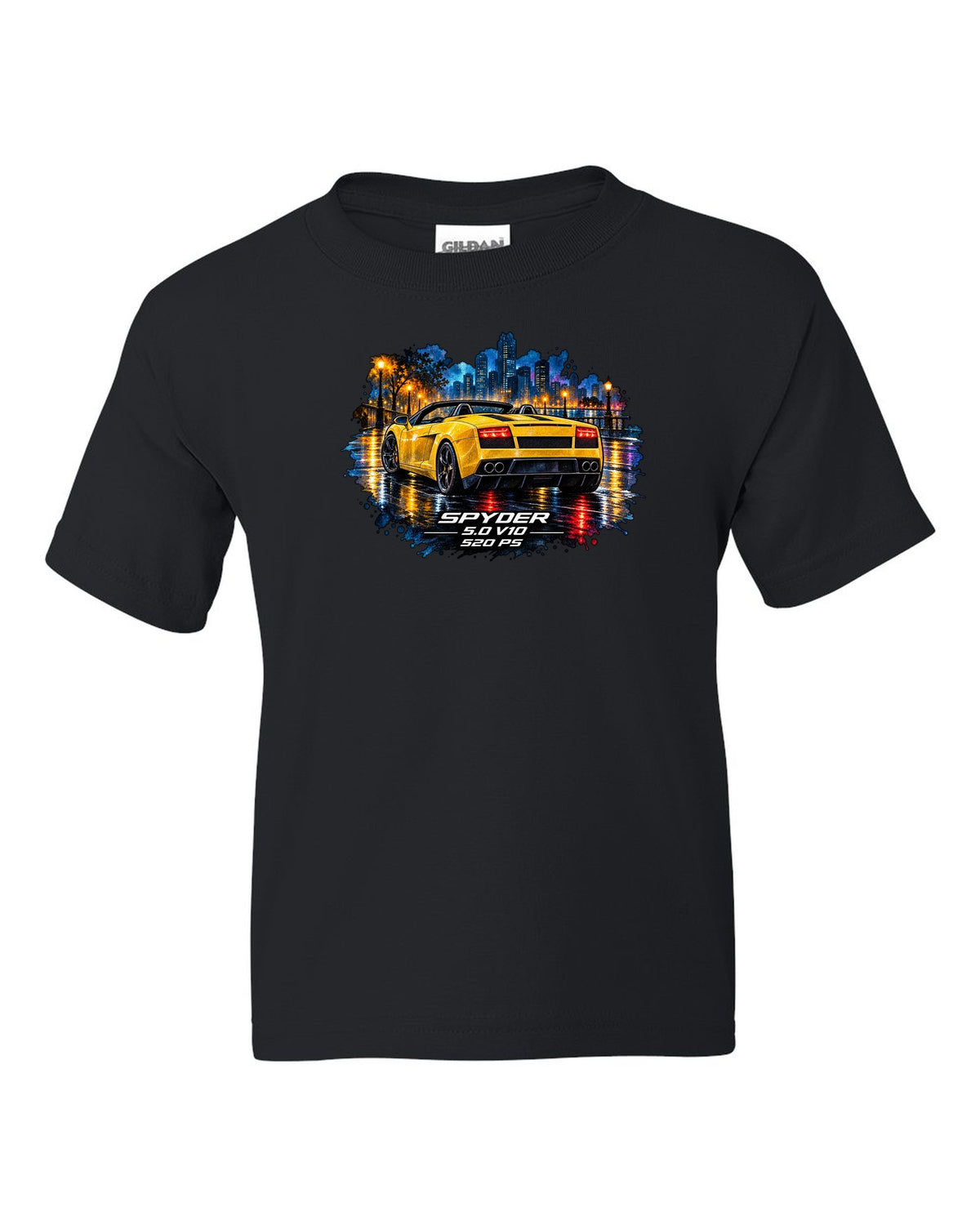 Watercolour wet-road night scene of a Lamborghini Gallardo Spyder with V10 and 520 PS text black kids tee front view with the design