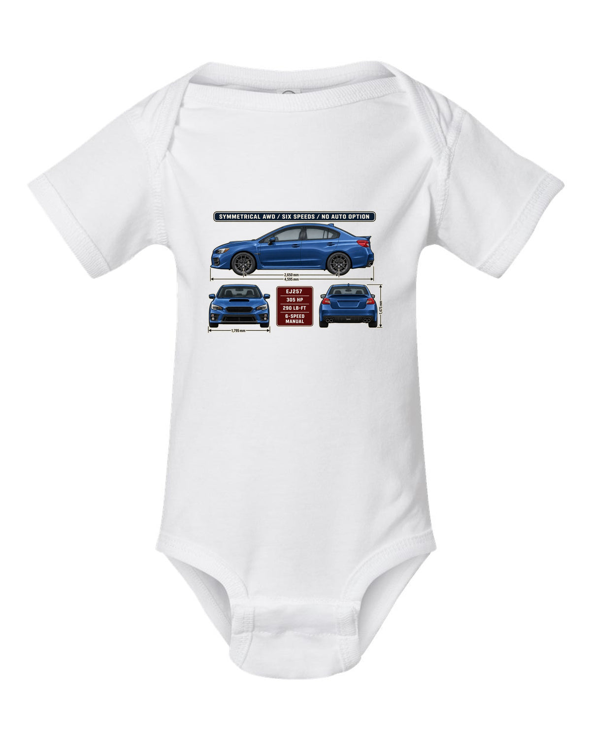 Subaru WRX STI VA graphite sedan three-view drawing with red accent white baby onesie front view with the design