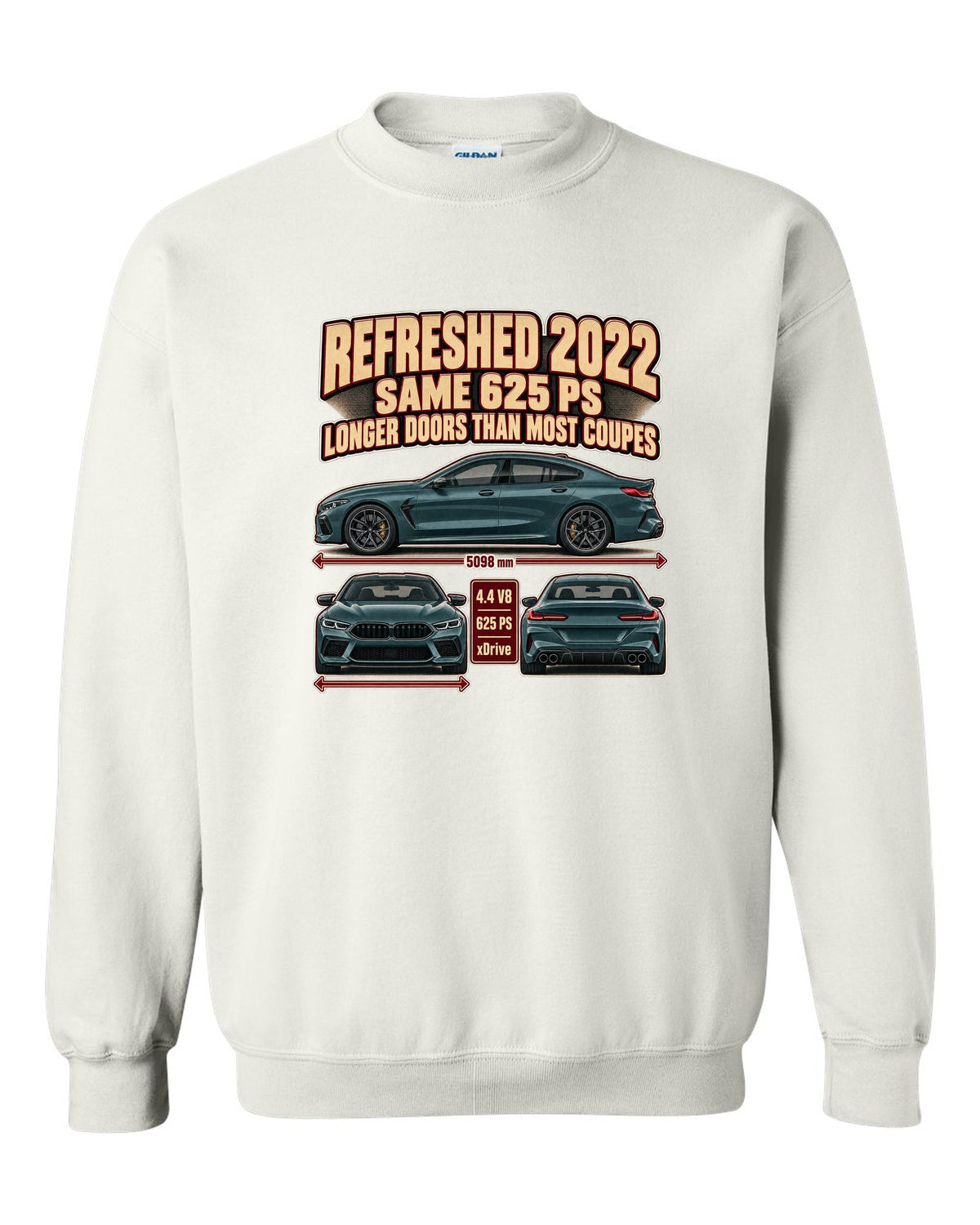 BMW M8 Competition Gran Coupe F93 2022 three-view print on a tee white crewneck front view with the design