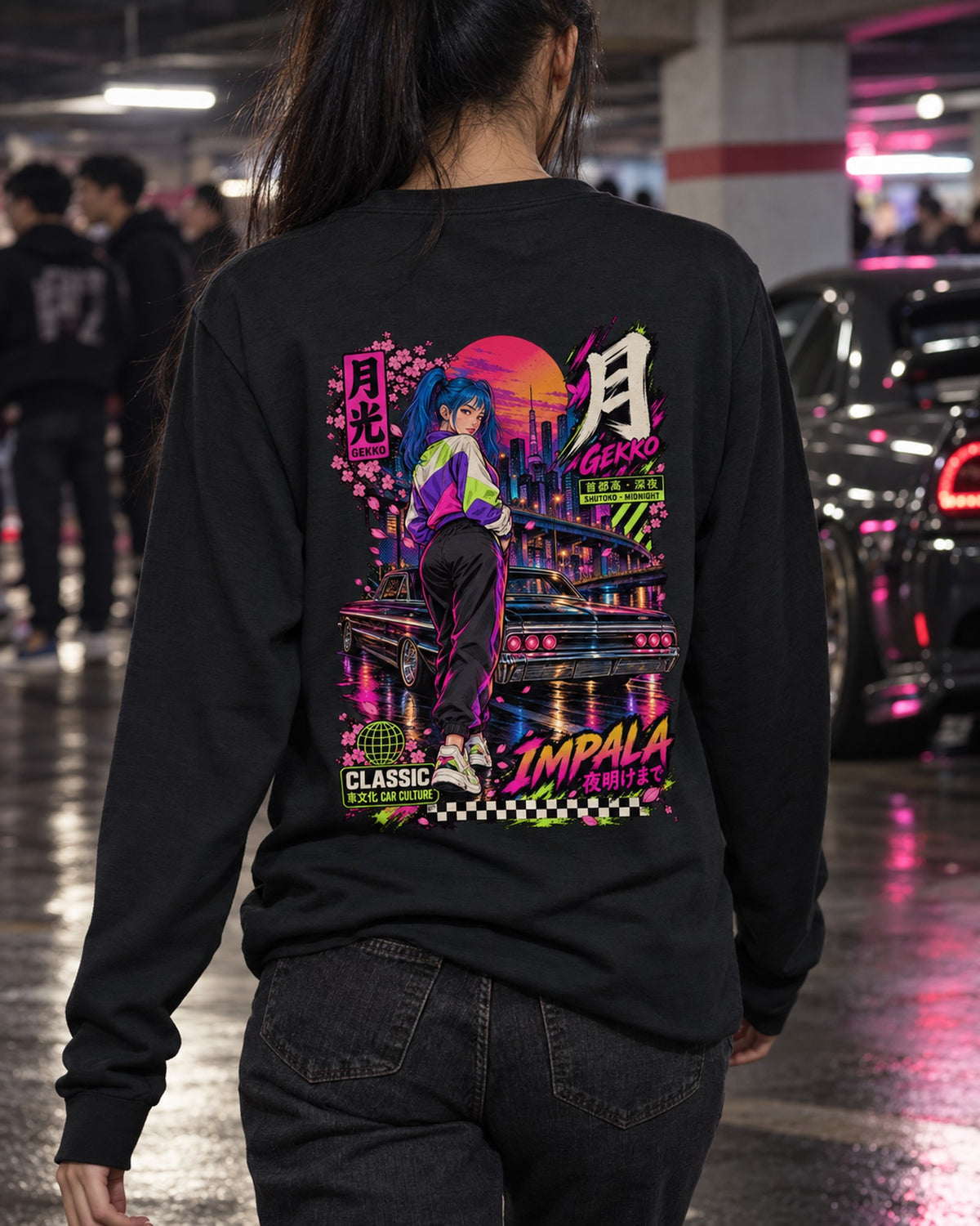 GEKKO IMPALA Anime Girl Full-Back Graphic Tee Long Sleeve Black worn hero