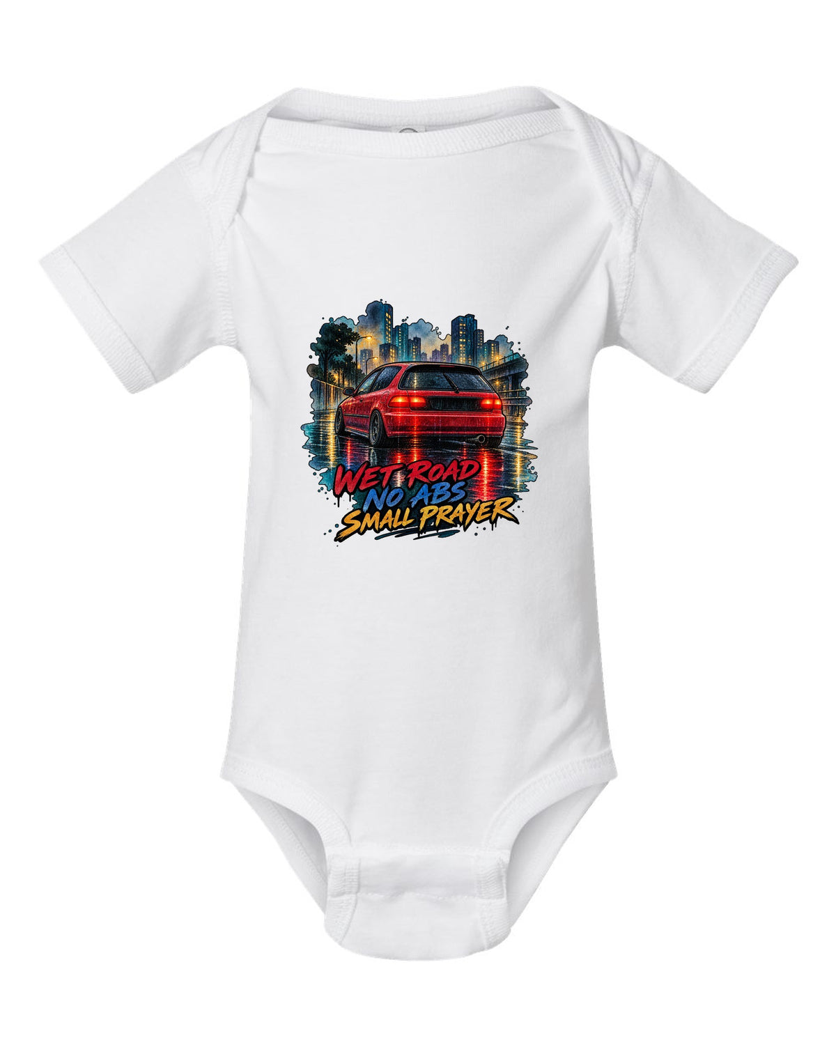 Watercolour wet road print of a Honda Civic EG6 ch with red taillights and no ABS text white baby onesie front view with the design